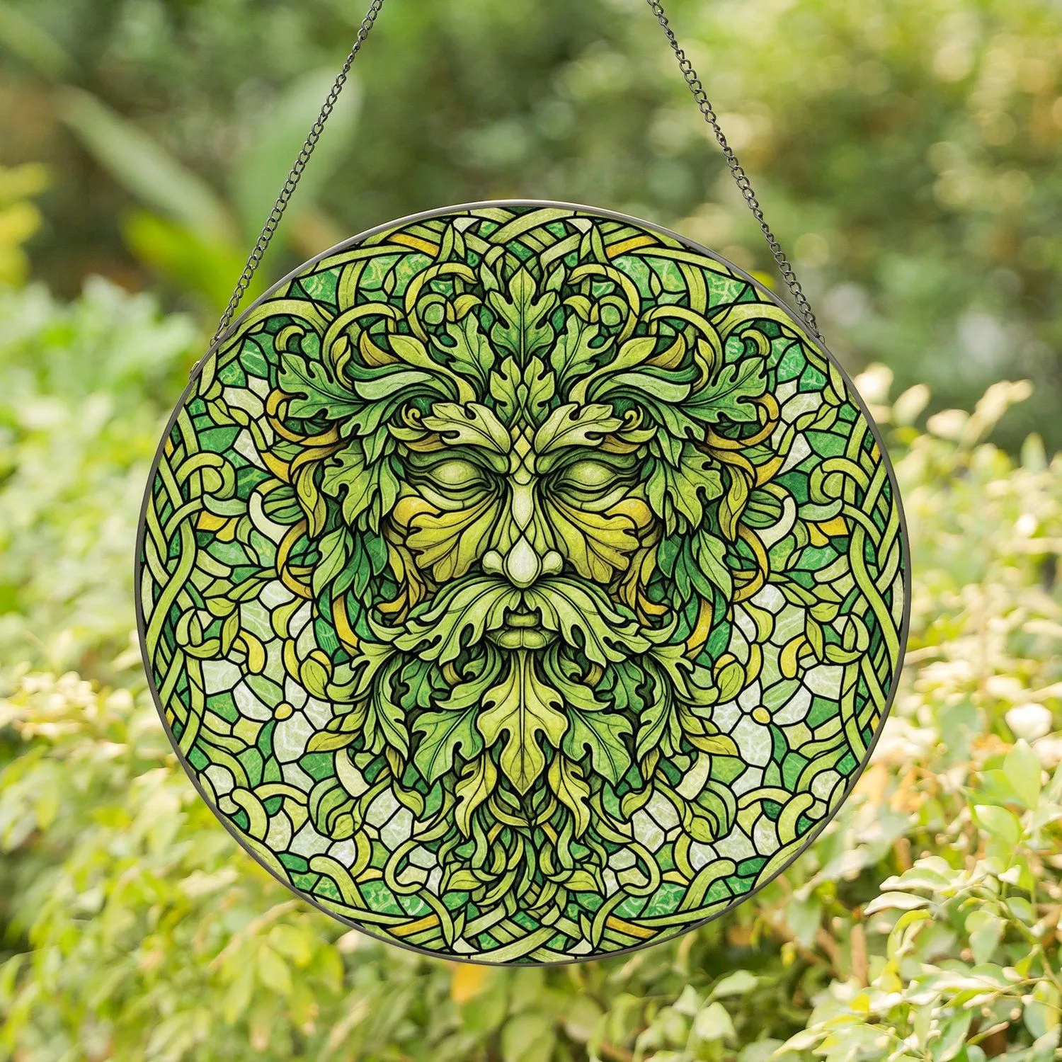 Green Man Face Celtic Knotwork Foliage Beard - Nature Home Decor Gift Stained Glass Suncatcher - 1