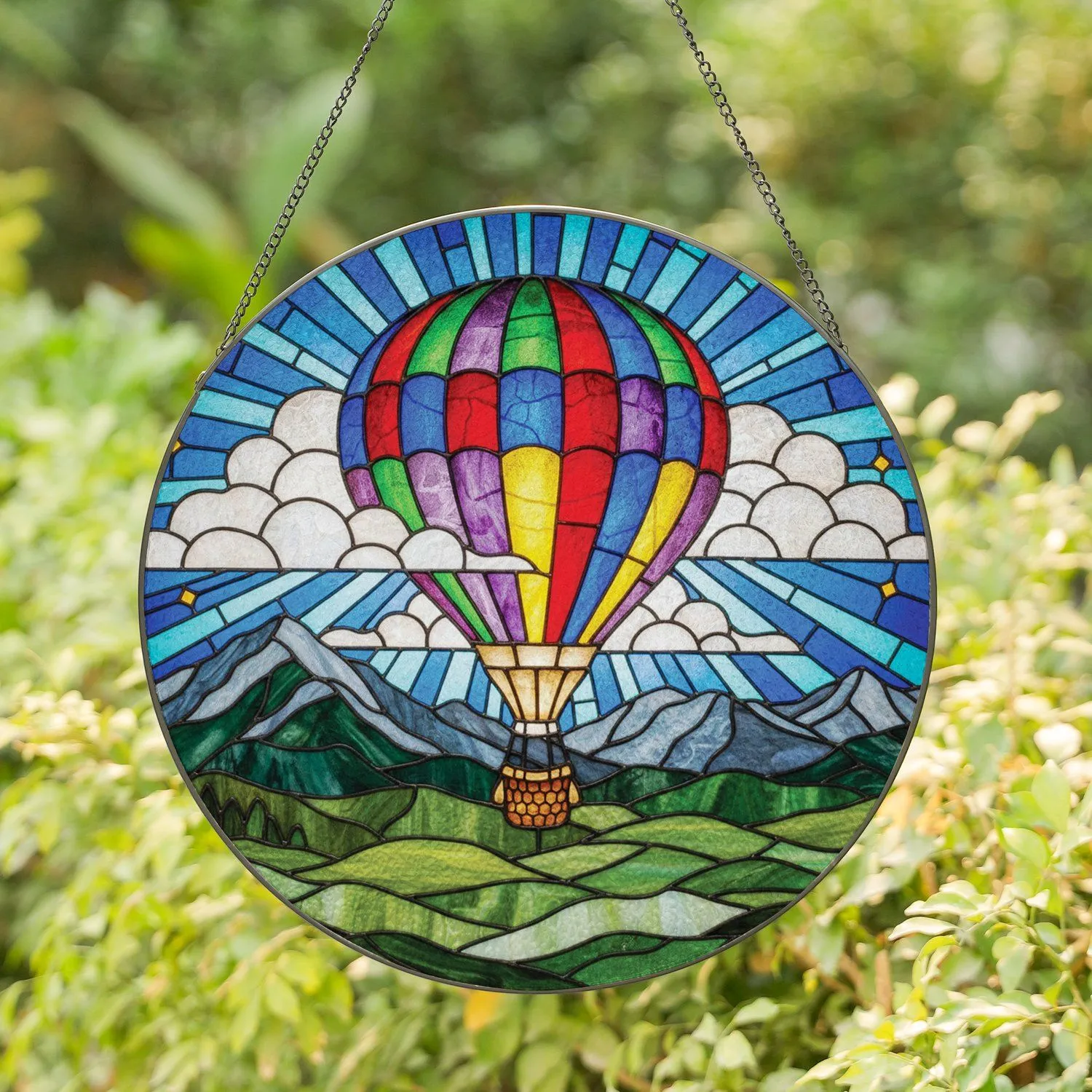Vibrantly Striped Hot Air Balloon Clouds Mountain Peaks Hills - Home Decor Gift Stained Glass Suncatcher - 1