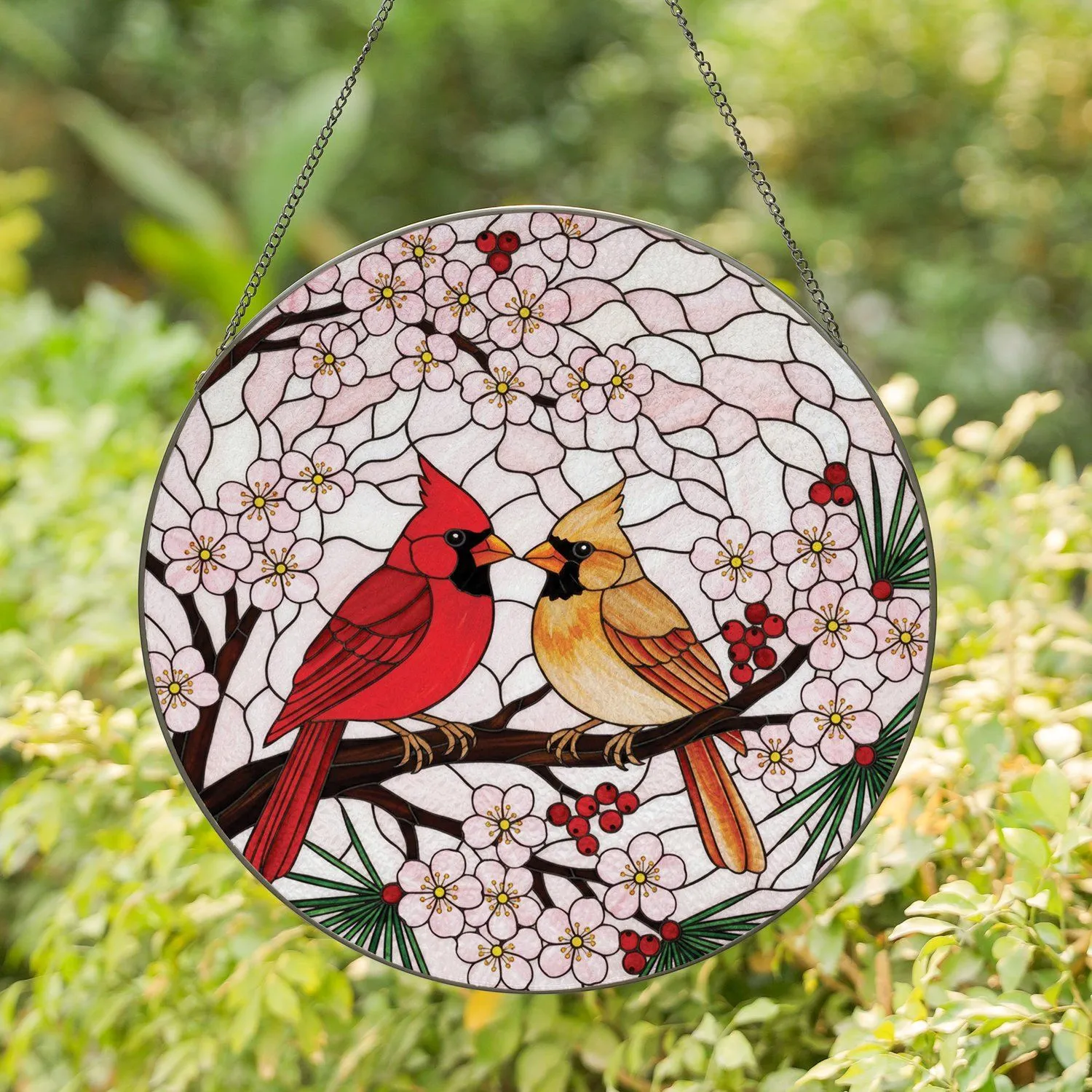 Cardinals Cherry Blossom Pine Branch Red Berries Home Decor Gift Bird Lover Stained Glass Suncatcher - 1
