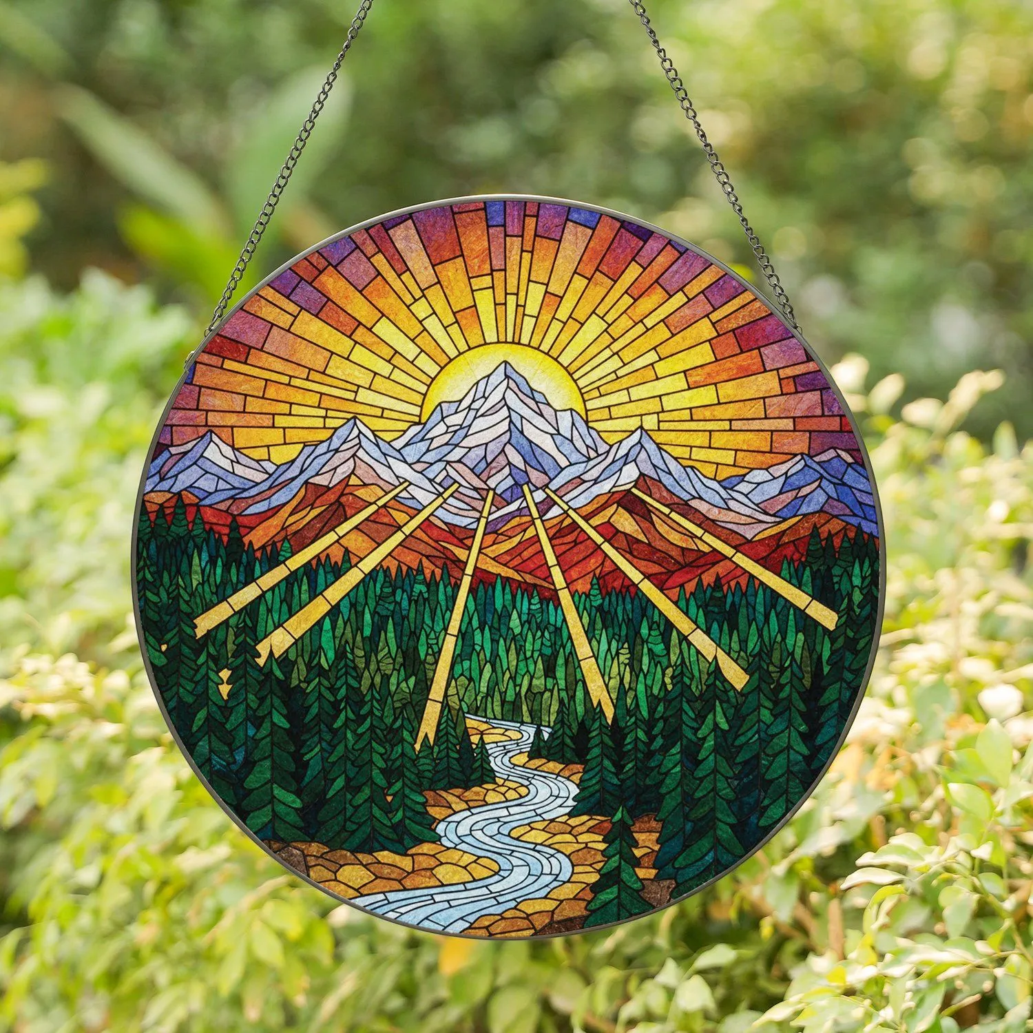Radiant Sunrise Snow-Capped Mountain Forest River Wilderness Landscape Home Decor Gift Stained Glass Suncatcher - 1