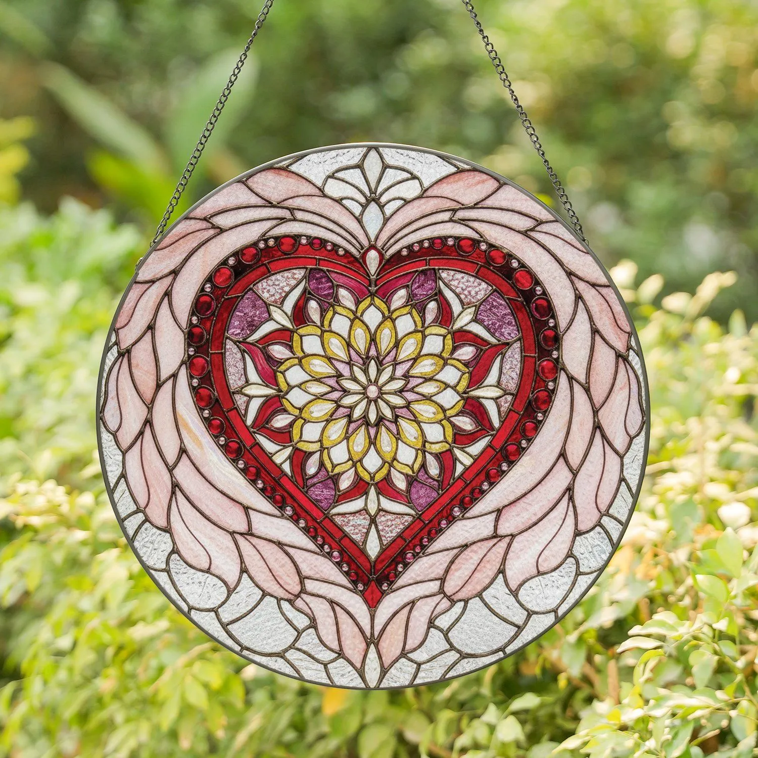 Tiffany Glass Ornate Heart Floral Mandala Jewel Beads Cloud Petal Designs - Home Decor Gift Stained Glass Suncatcher - 1