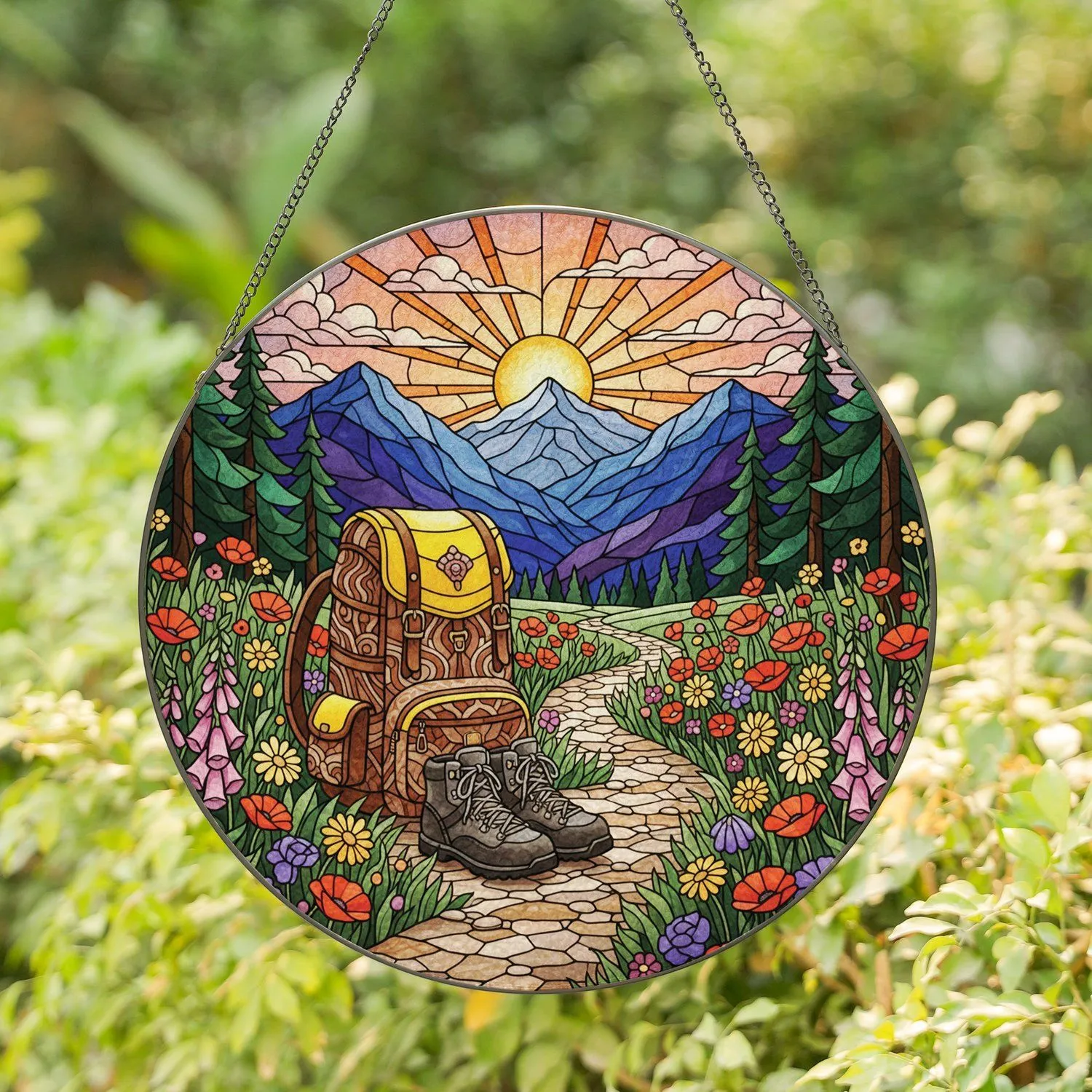 Mountain Sunset Wilderness Hiking Trail Backpack Boots Wildflowers - Outdoor Lover Gift Stained Glass Suncatcher - 1