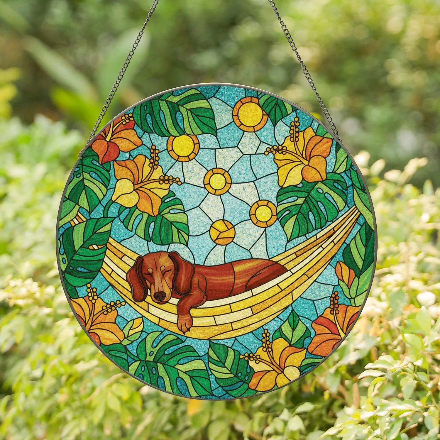 Sleeping Dachshund Hammock Tropical Flowers Home Decor Gift for Dog Owner Stained Glass Suncatcher - 1
