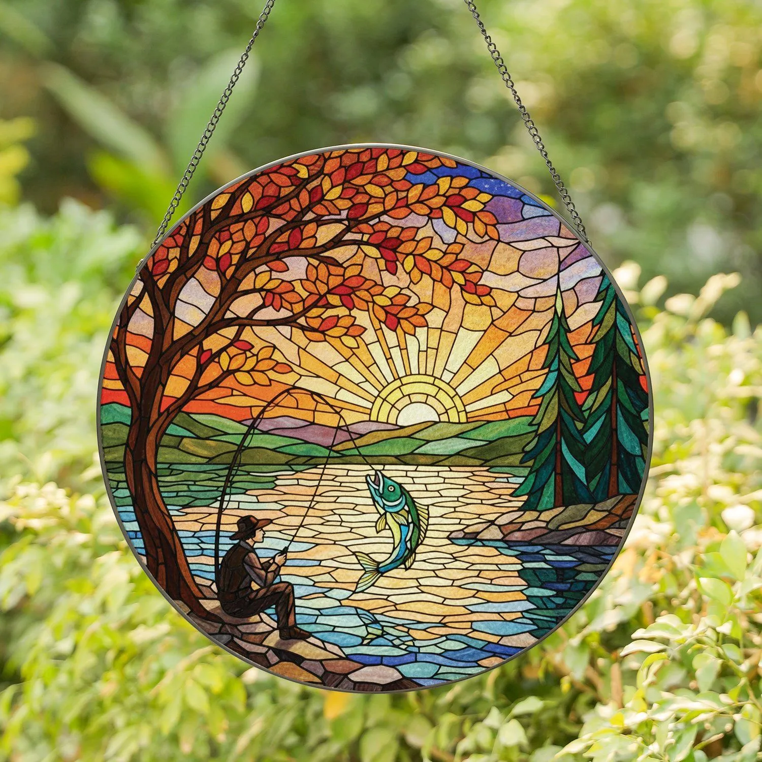 Fisherman Leaping Fish Sunset Lake - Fishing Lover Home Decor Gift for Dad Stained Glass Suncatcher - 1