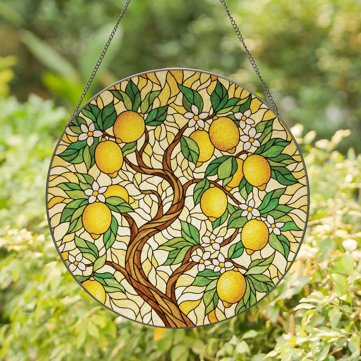 Gnarled Lemon Tree Branch Ripe Yellow Lemons Green Leaves White Blossoms - Home Decor Gift for Garden Lover Stained Glass Suncatcher - 1