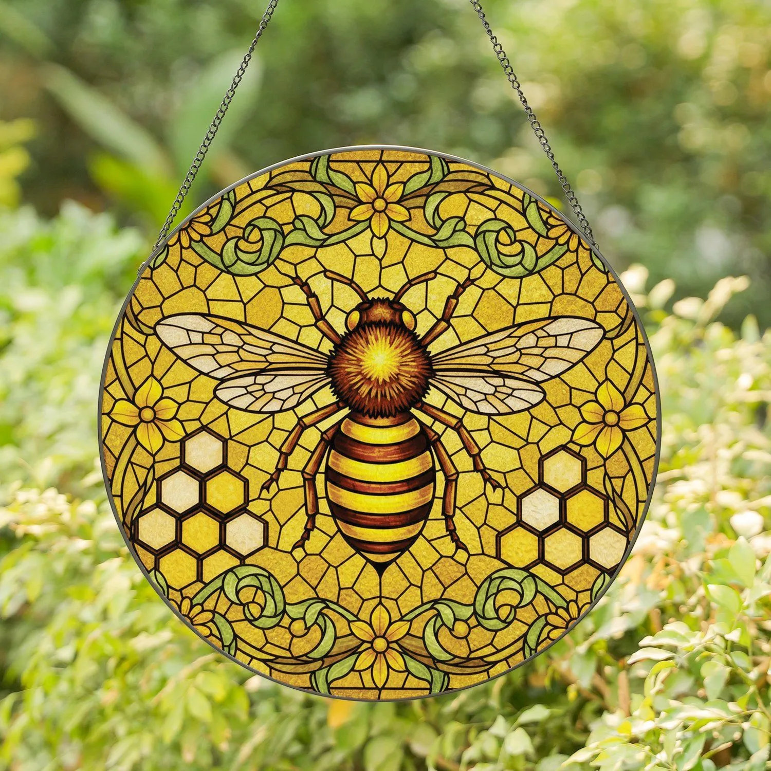 Majestic Honeybee Honeycomb Floral Leafy Vines Golden Honey Mosaic Tiffany Glass - Home Decor Gift Stained Glass Suncatcher - 1