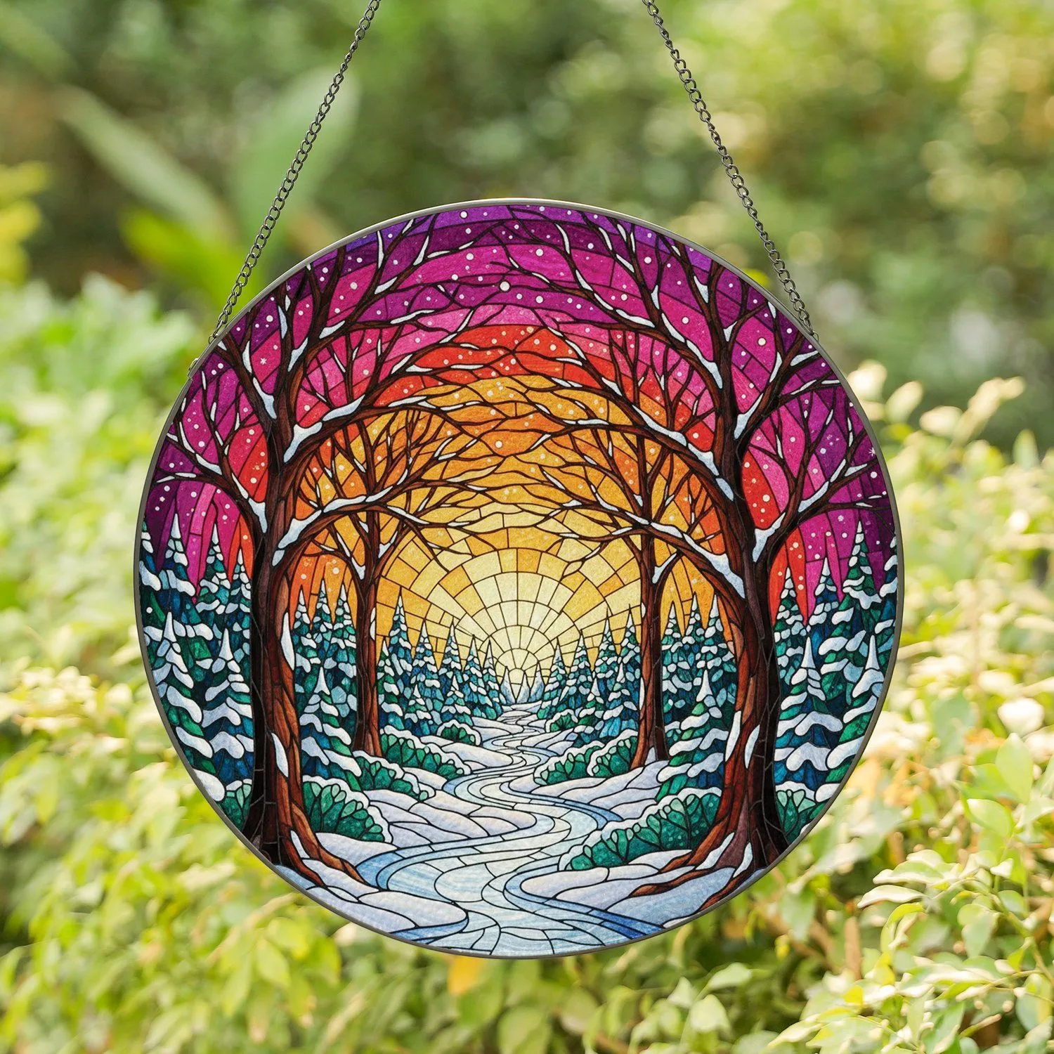 Winter Forest Path Deciduous Trees - Twilight Sky Home Decor Gift for Nature Lover Stained Glass Suncatcher - 1