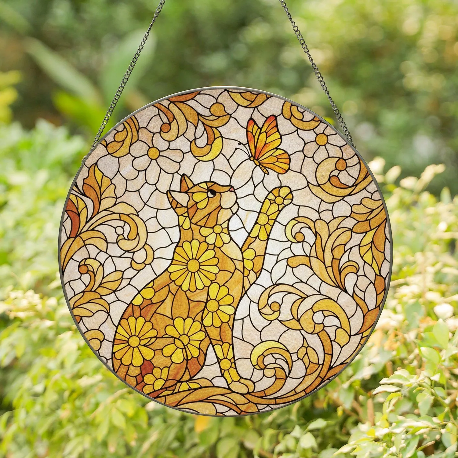 Playful Cat Butterfly Daisy Flowers - Home Decor Gift for Cat Lover Stained Glass Suncatcher - 1