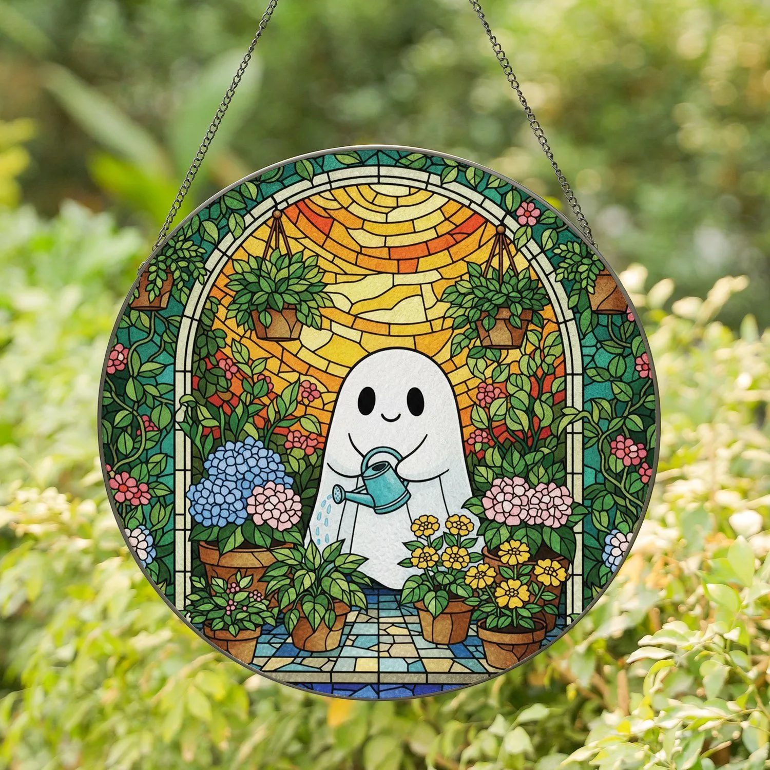 Stained Glass Ghost Watering Potted Plants Greenhouse Vines - Garden Lover Gift Stained Glass Suncatcher - 1