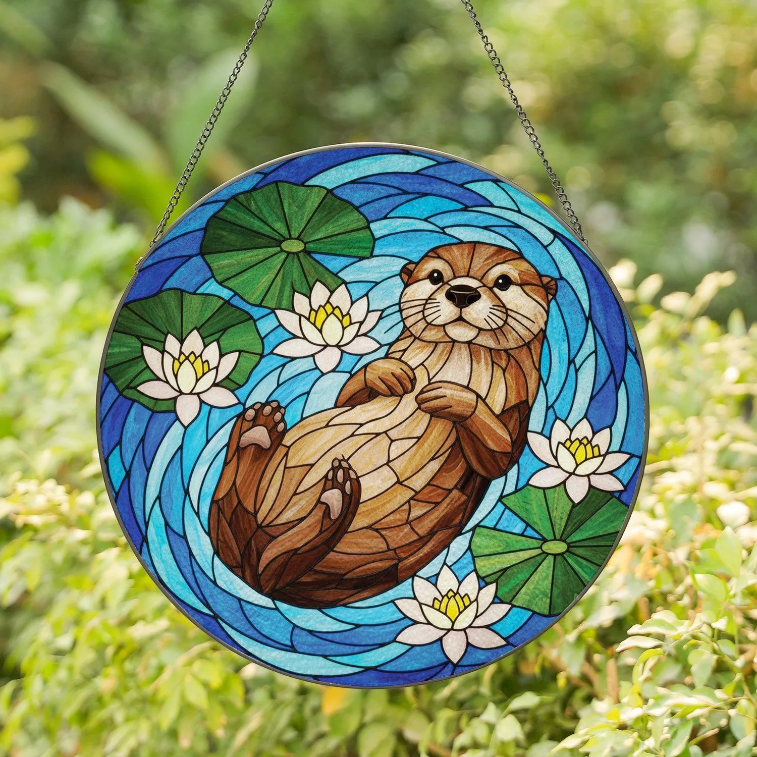 Otter Water Lilies Stained Glass - Wildlife Home Decor Gift for Otter Lover Stained Glass Suncatcher - 1
