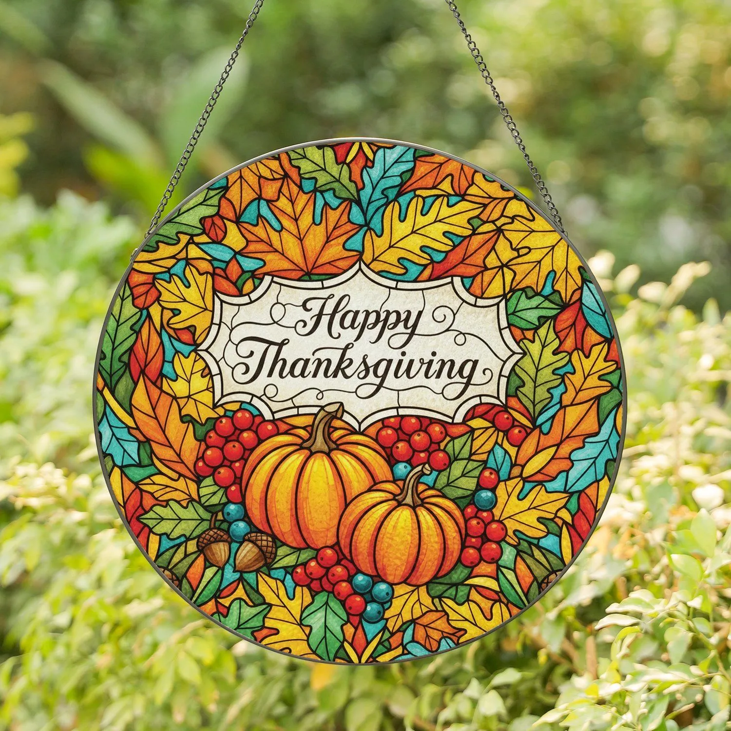 Happy Thanksgiving Pumpkins Berries Autumn Leaves Heart - Thanksgiving Holiday Stained Glass Suncatcher - 1