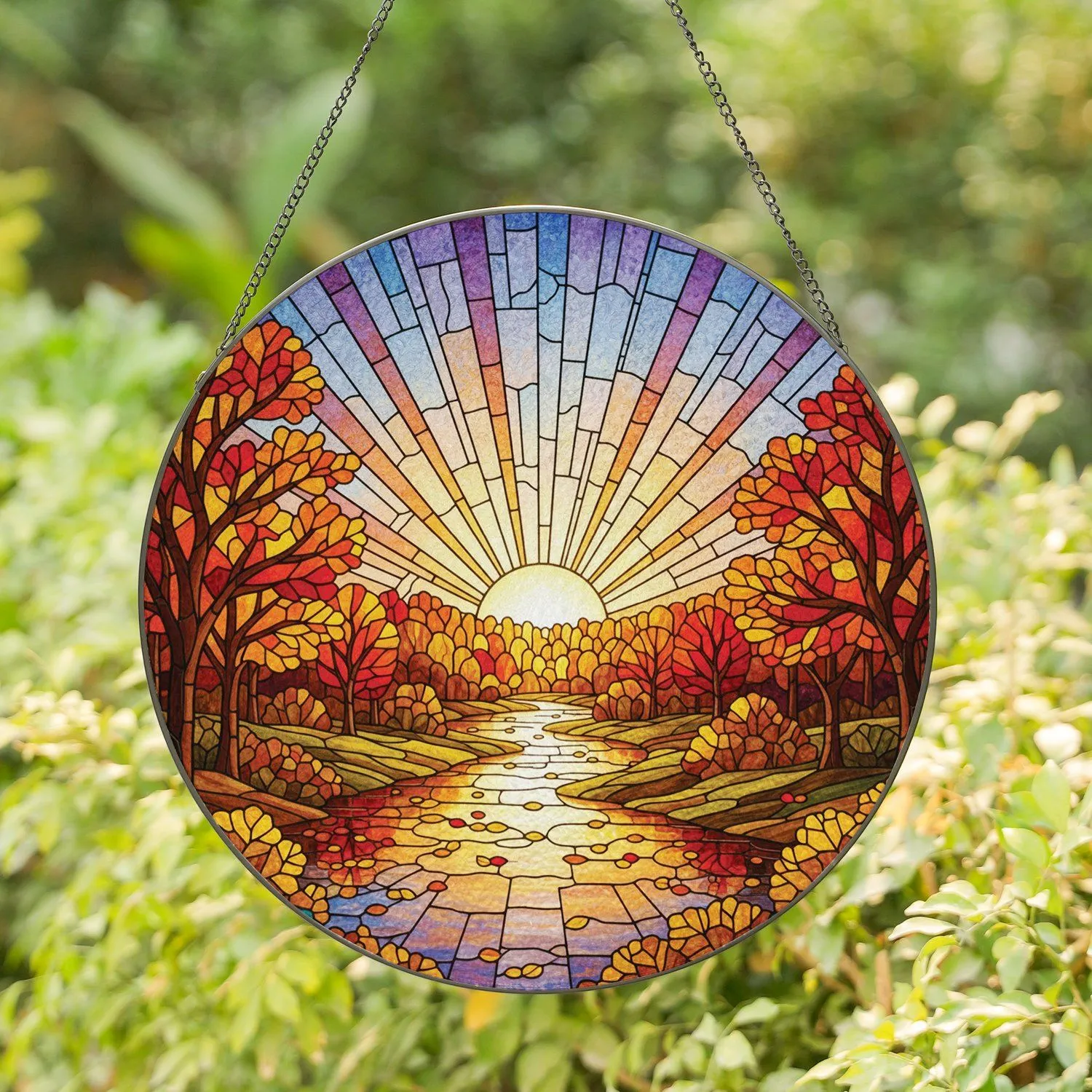 Jewel Tone Autumnal Winding River Radiating Sunset Glowing Sky - Home Decor Gift Stained Glass Suncatcher - 1