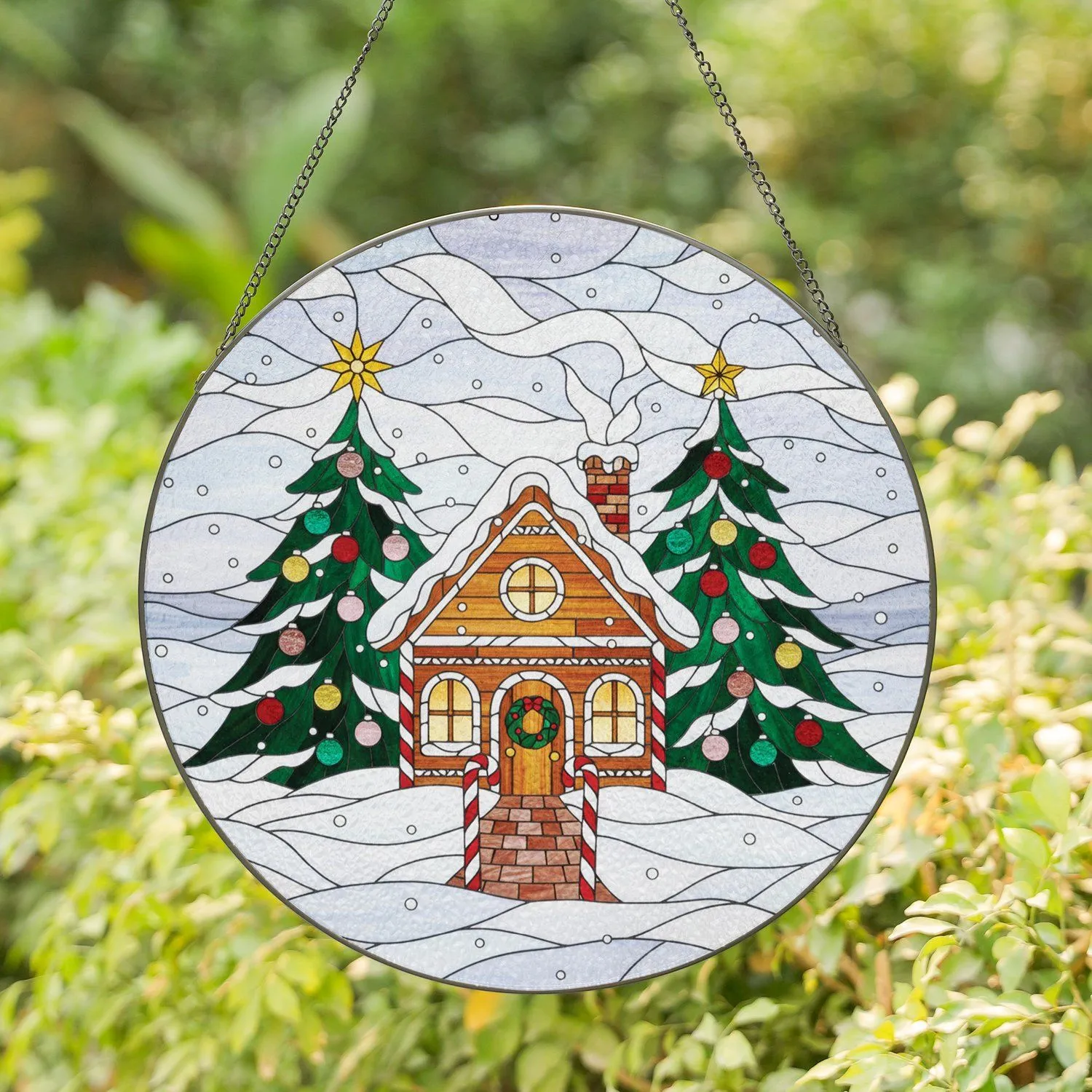 Gingerbread House Christmas Trees Candy Canes Snowy Winter Sky - Holiday Home Decor Gift Stained Glass Suncatcher - 1