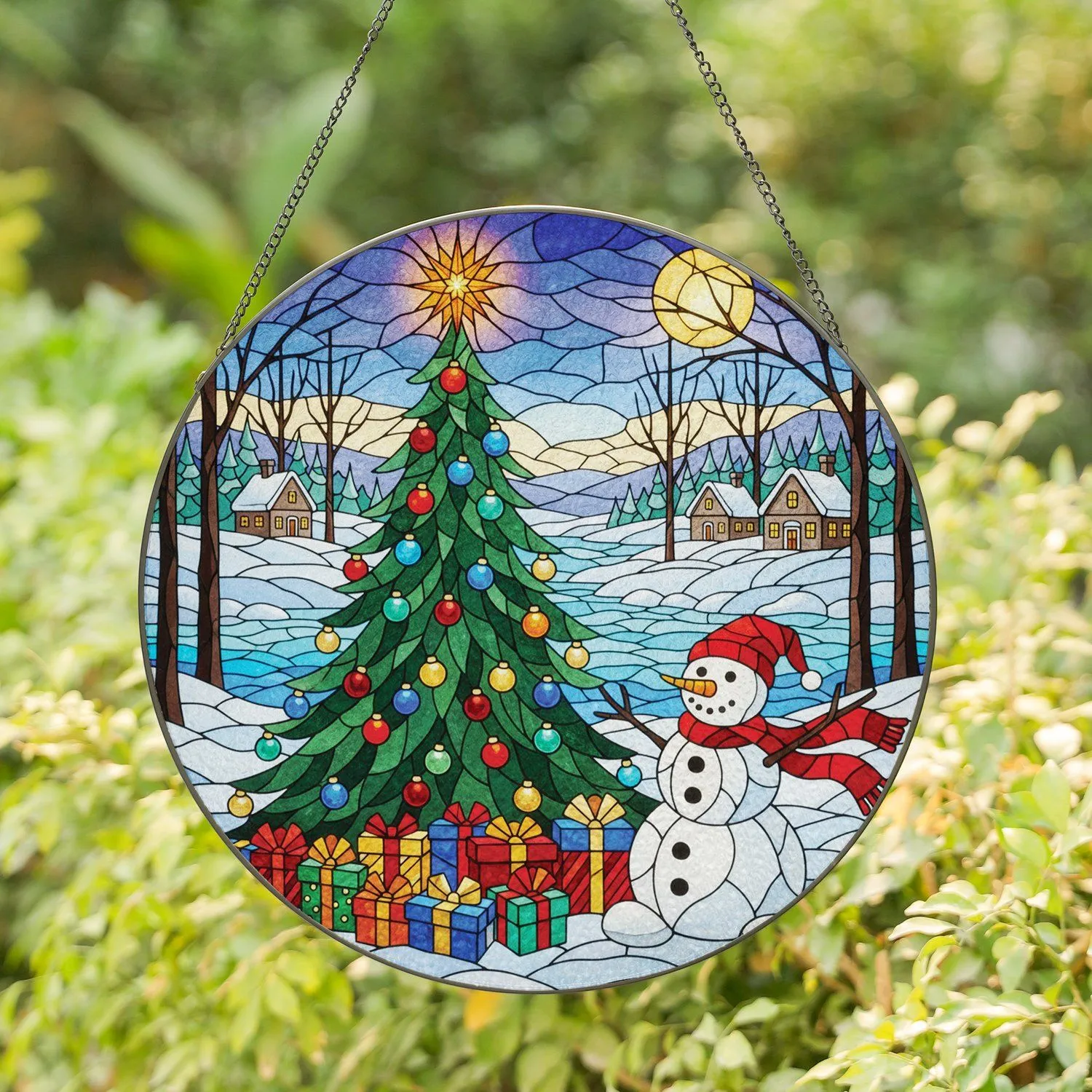 Christmas Tree Snowman Christmas Gifts Rustic Houses Golden Moon - Holiday Decor Gift Stained Glass Suncatcher - 1
