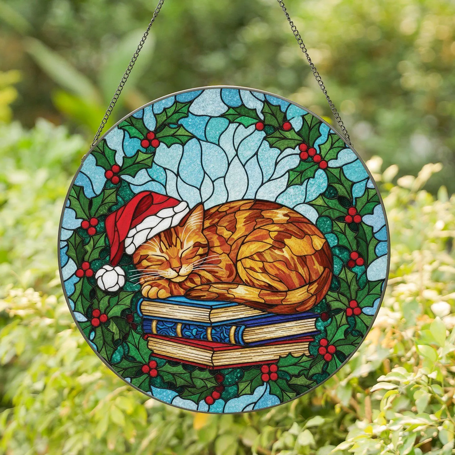 Sleeping Tabby Cat Santa Hat Holly Berries - Christmas Gift for Cat Lover & Home Decor Stained Glass Suncatcher - 1
