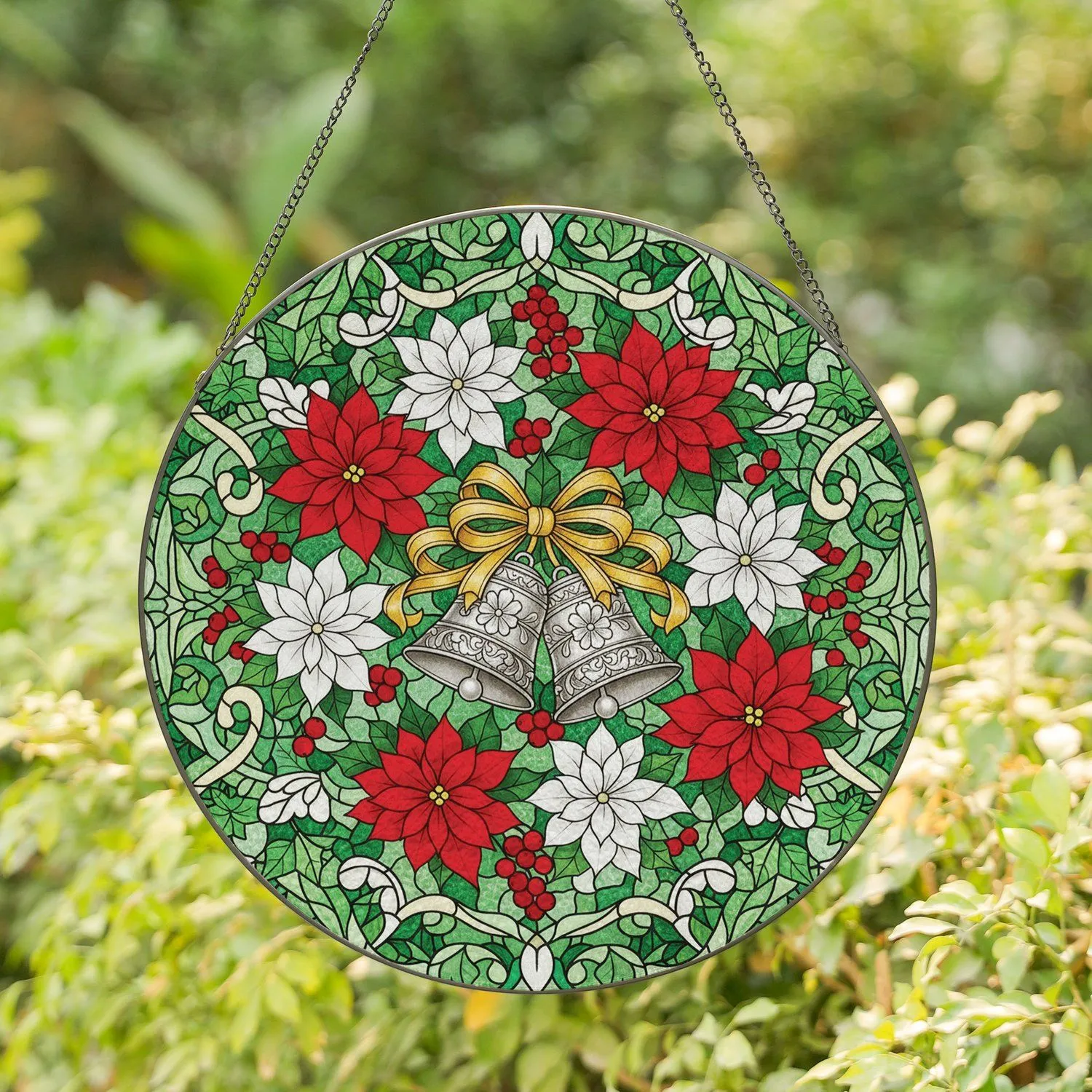Christmas Bells Poinsettia Berries Floral Mosaic - Holiday Home Decor Gift Stained Glass Suncatcher - 1