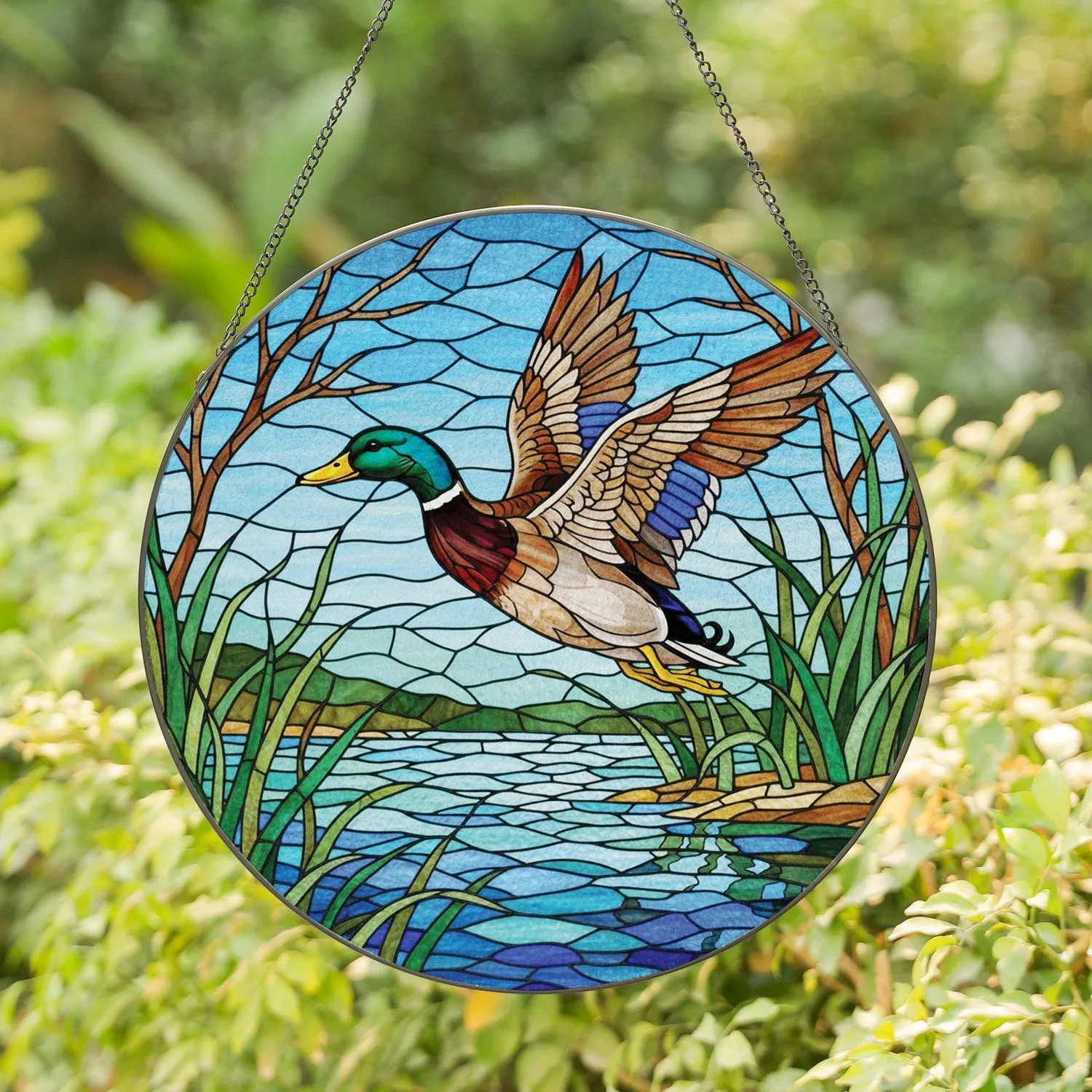 Male Mallard Drake Flying Over Water Marshland Sky - Home Decor Gift for Duck Lovers Stained Glass Suncatcher - 1