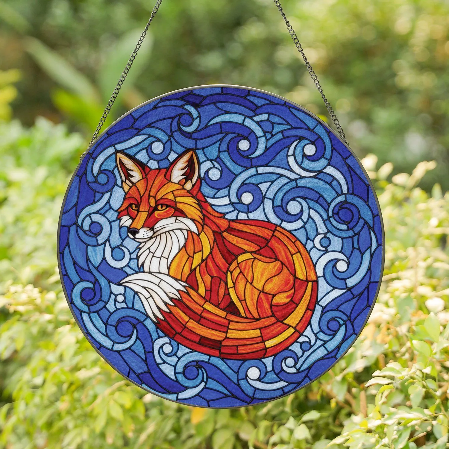 Stained Glass Fox Swirling Blue Waves - Home Decor Wildlife Lover Gift Stained Glass Suncatcher - 1