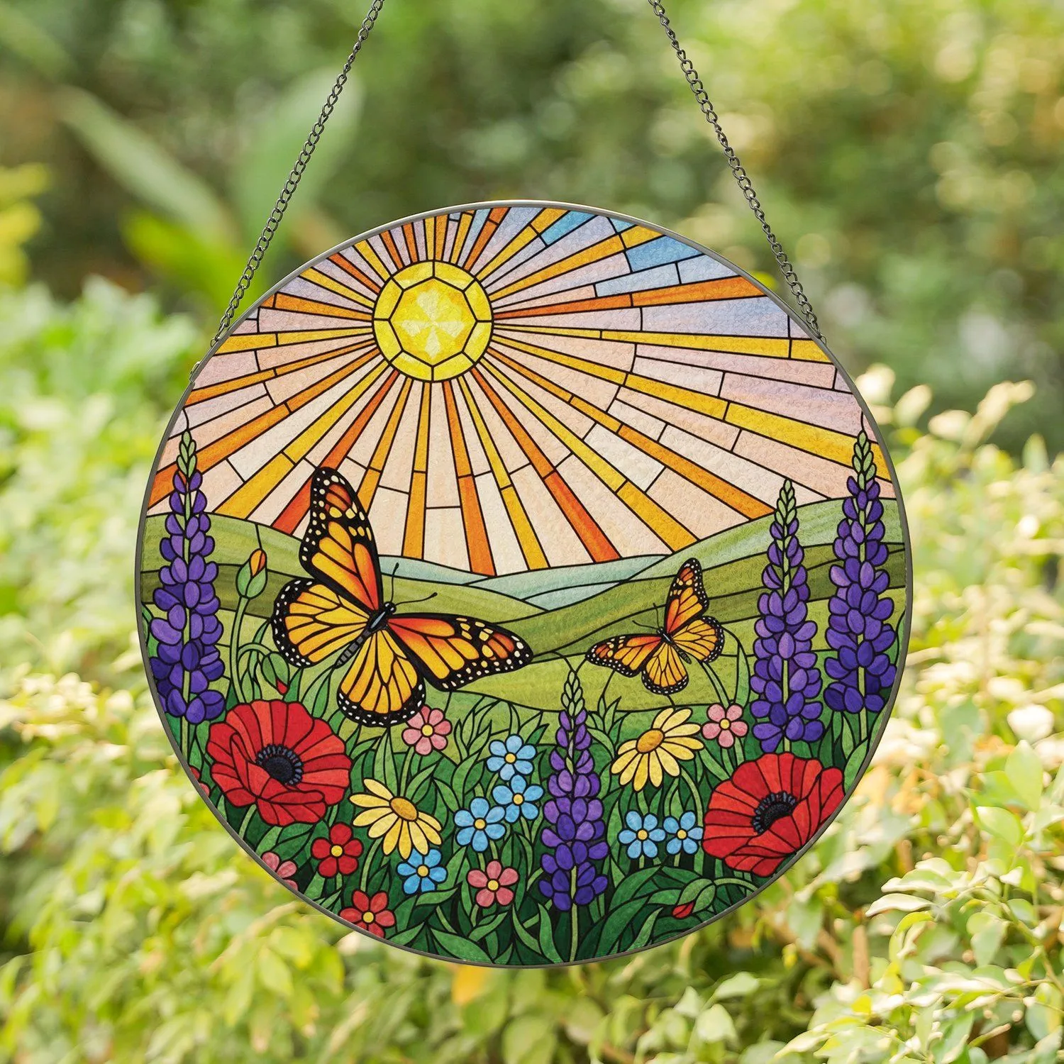 Yellow Sun Monarch Butterflies Wildflower Garden Rolling Hills - Home Decor Gift Stained Glass Suncatcher - 1
