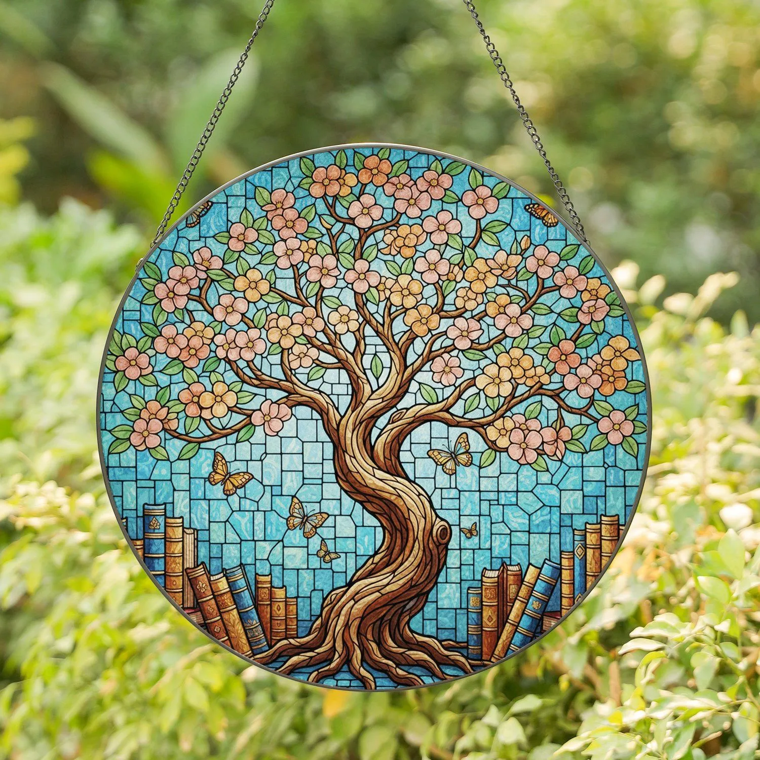 Gnarled Tree Flowers Books Butterflies - Home Decor Gift for Book Lovers Stained Glass Suncatcher - 1