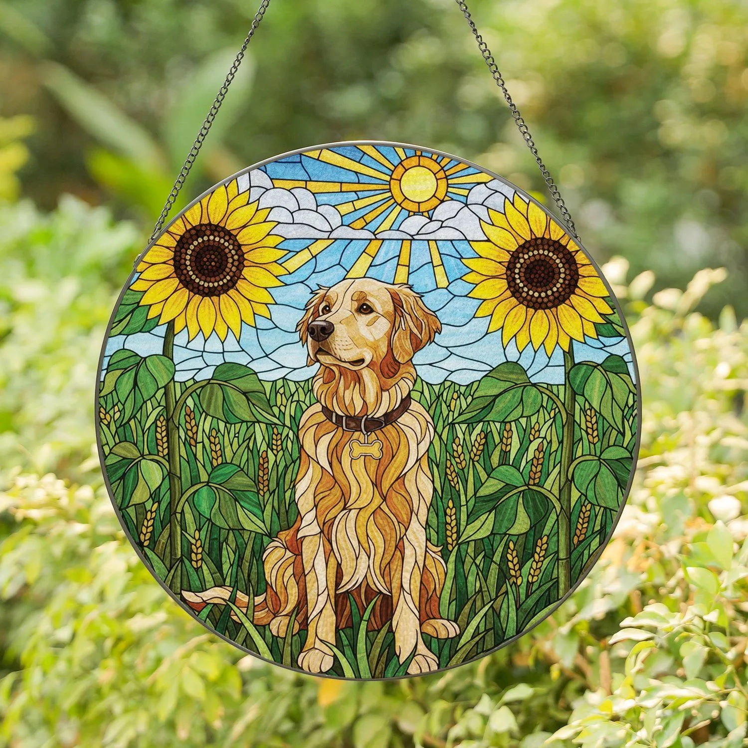 Golden Retriever Sunflowers Summer Landscape Home Decor Gift for Dog Lover Stained Glass Suncatcher - 1