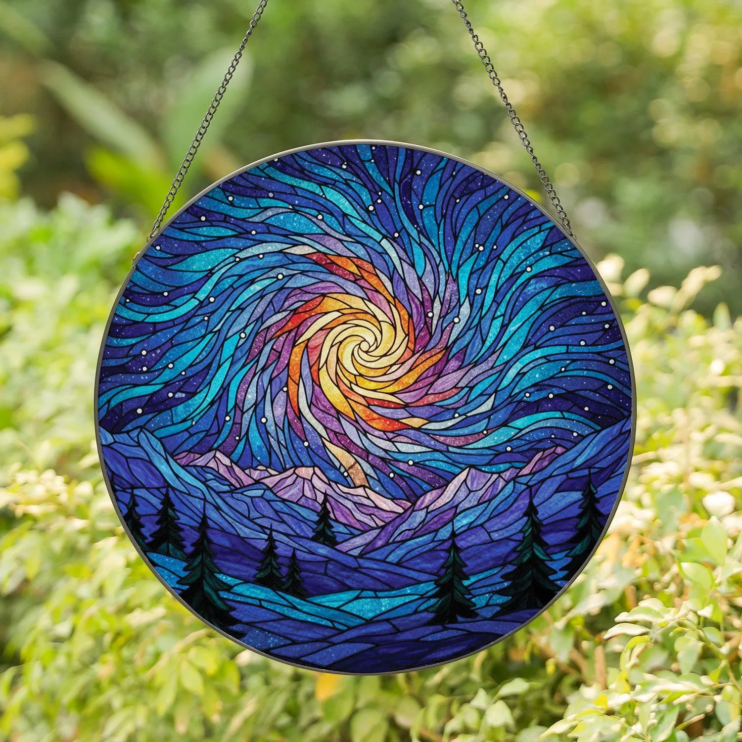 Majestic Celestial Vortex Mountain Range Night Sky - Home Decor Gift for Nature Lover Stained Glass Suncatcher - 1