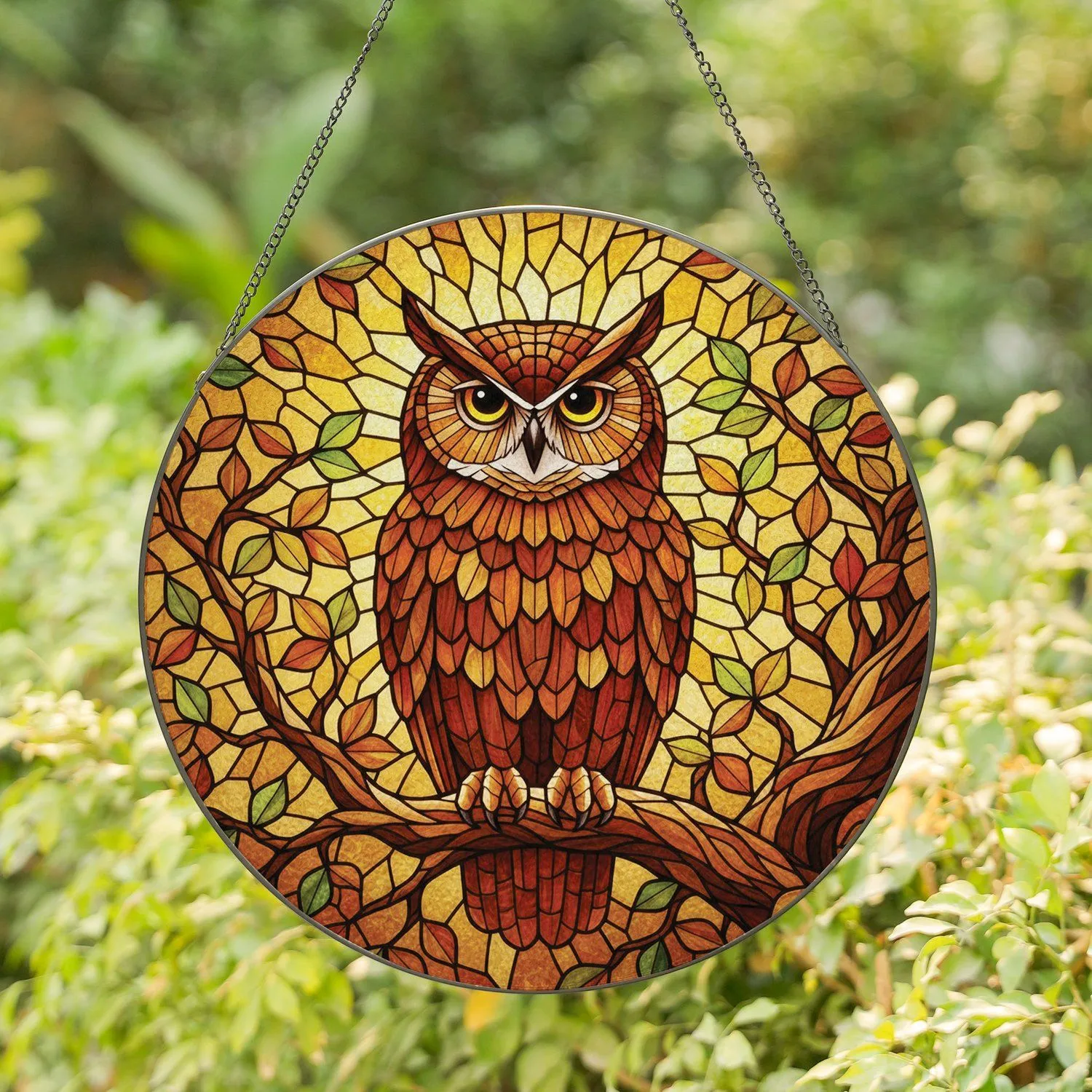 Glowing Stained Glass Owl Perched Branch - Wildlife Lover Home Decor Gift Stained Glass Suncatcher - 1