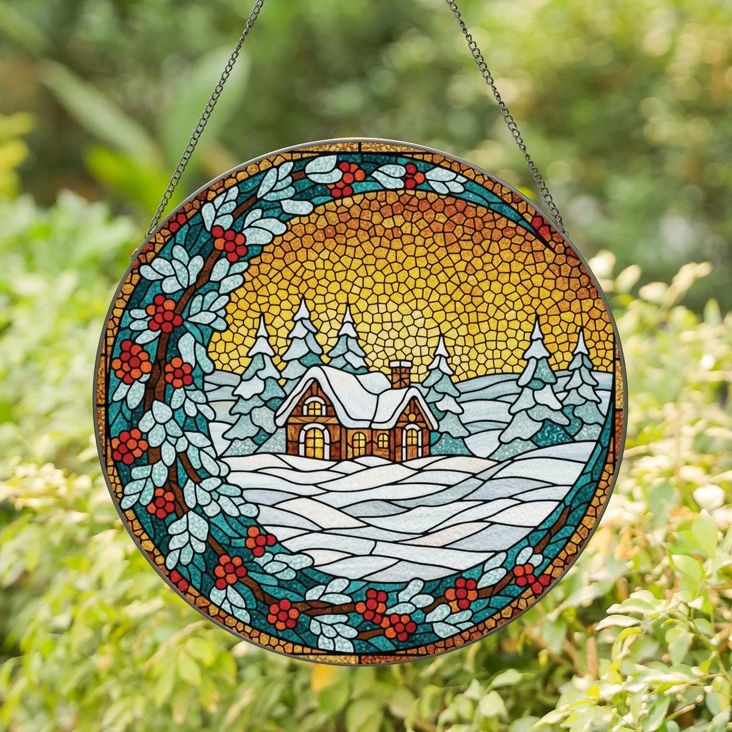 Snowy Winter Cottage Pine Trees Red Berries Crescent Moon - Christmas Holiday Home Decor Gift Stained Glass Suncatcher - 1