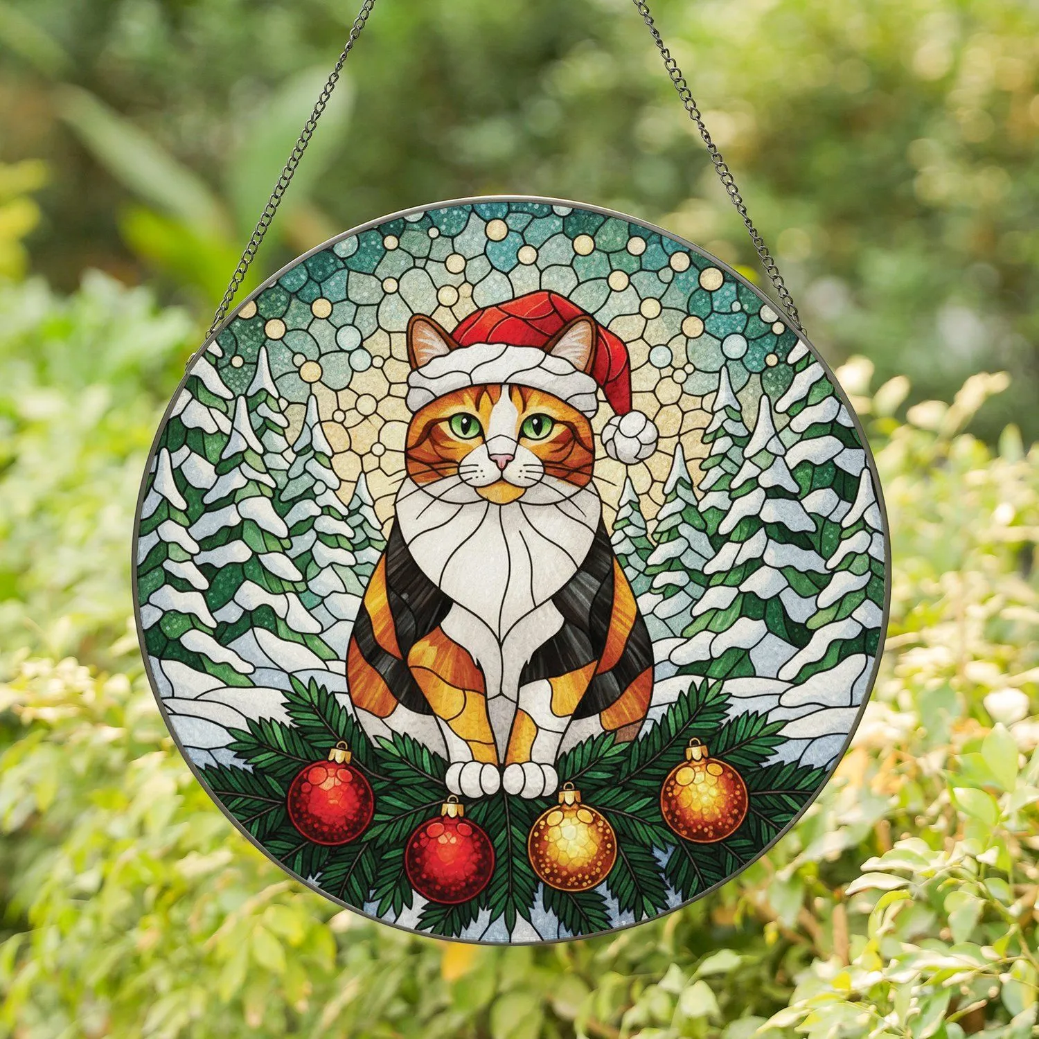 Calico Cat Santa Hat Christmas Pine Tree Ornaments - Holiday Home Decor Cat Lover Gift Stained Glass Suncatcher - 1