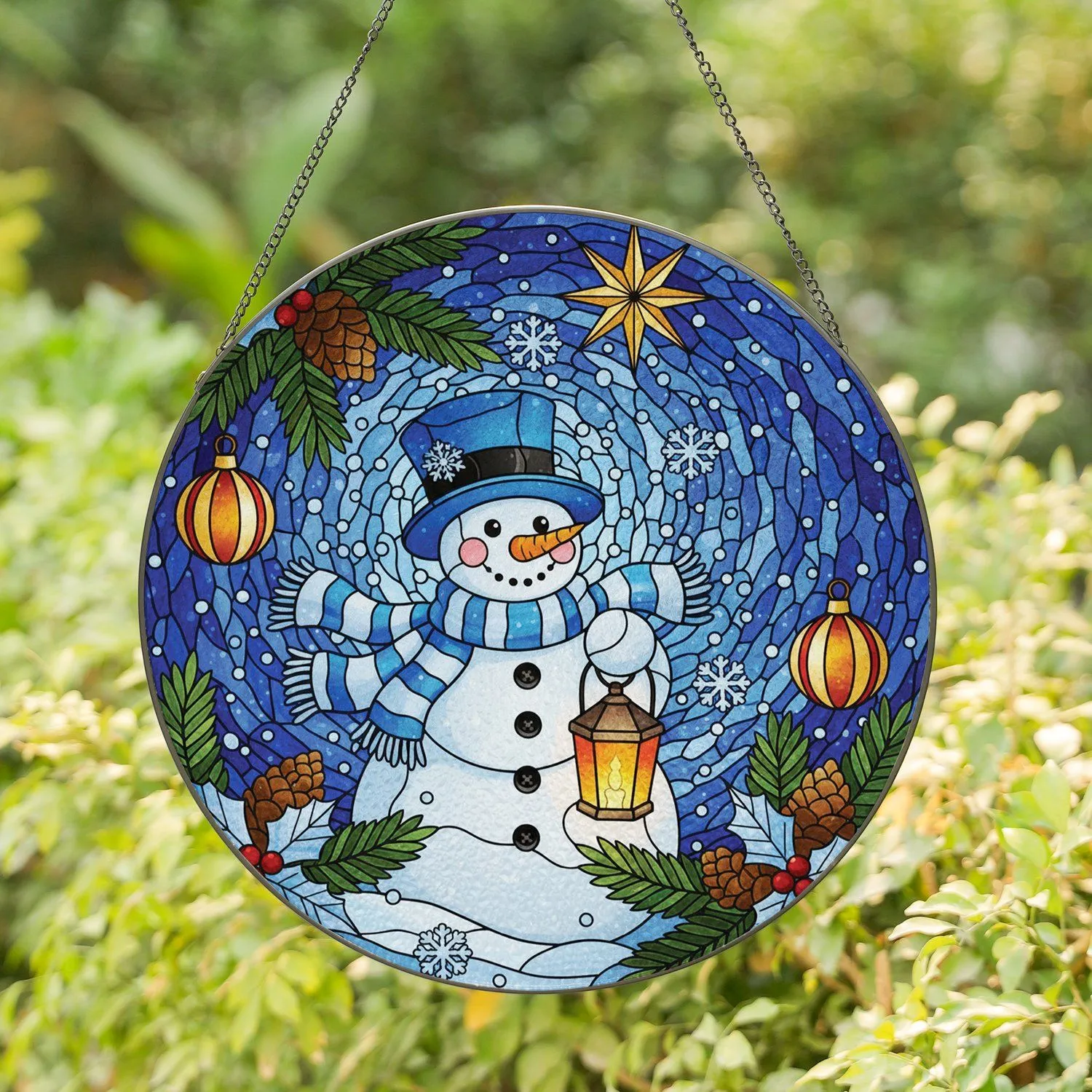 Snowman Holly Leaves Christmas Baubles - Winter Home Decor Gift Stained Glass Suncatcher - 1
