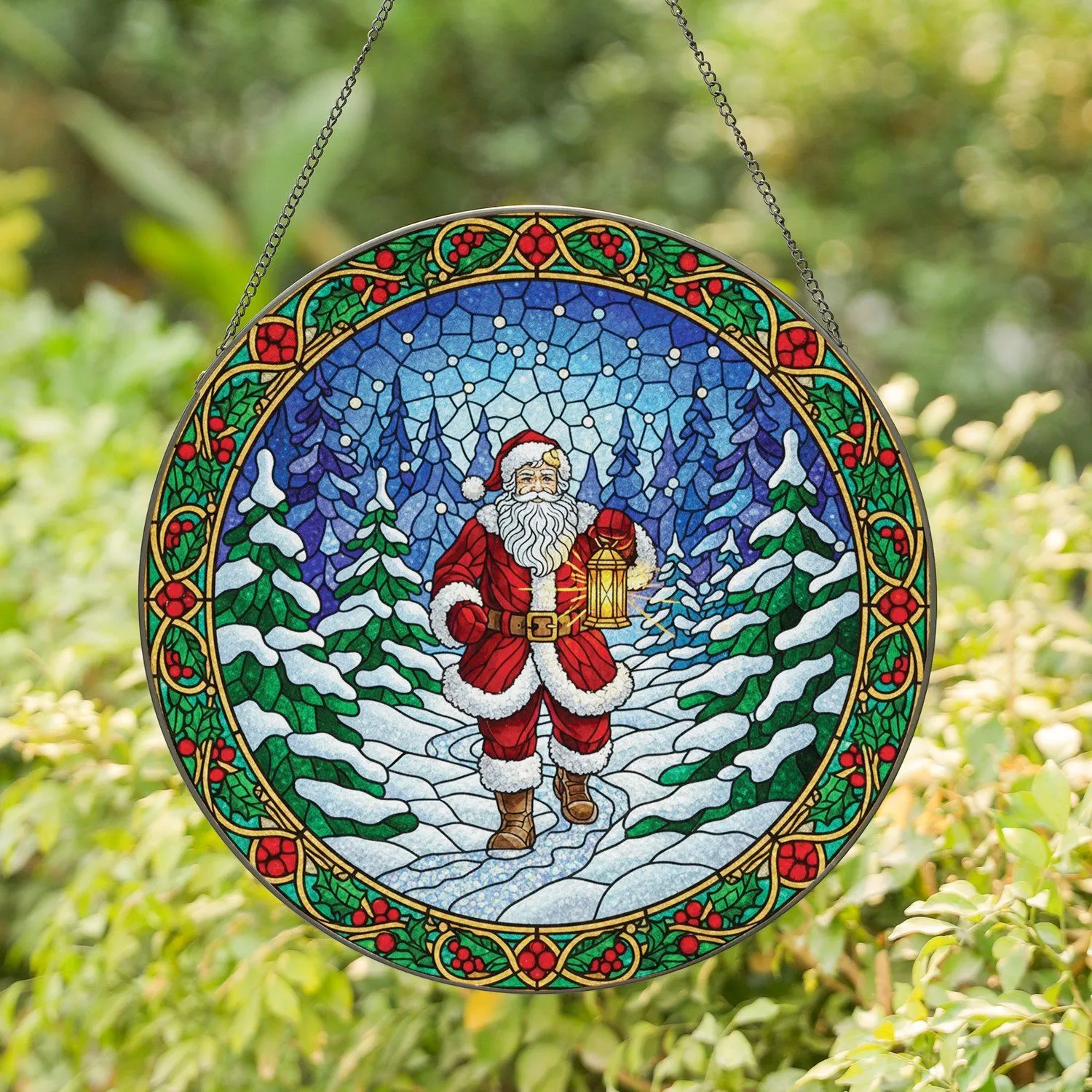Santa Claus Winter Forest Holly Berries - Christmas Holiday Home Decor Gift Stained Glass Suncatcher - 1