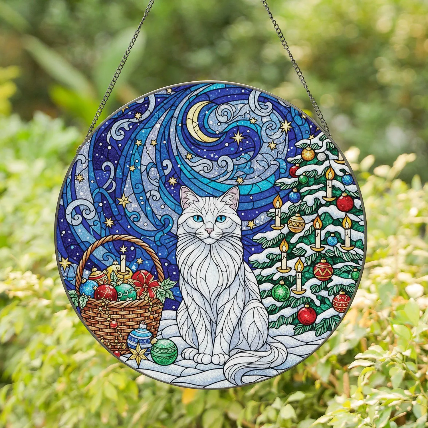 Fluffy White Cat Christmas Ornaments Tree - Christmas Gift for Cat Lover Stained Glass Suncatcher - 1
