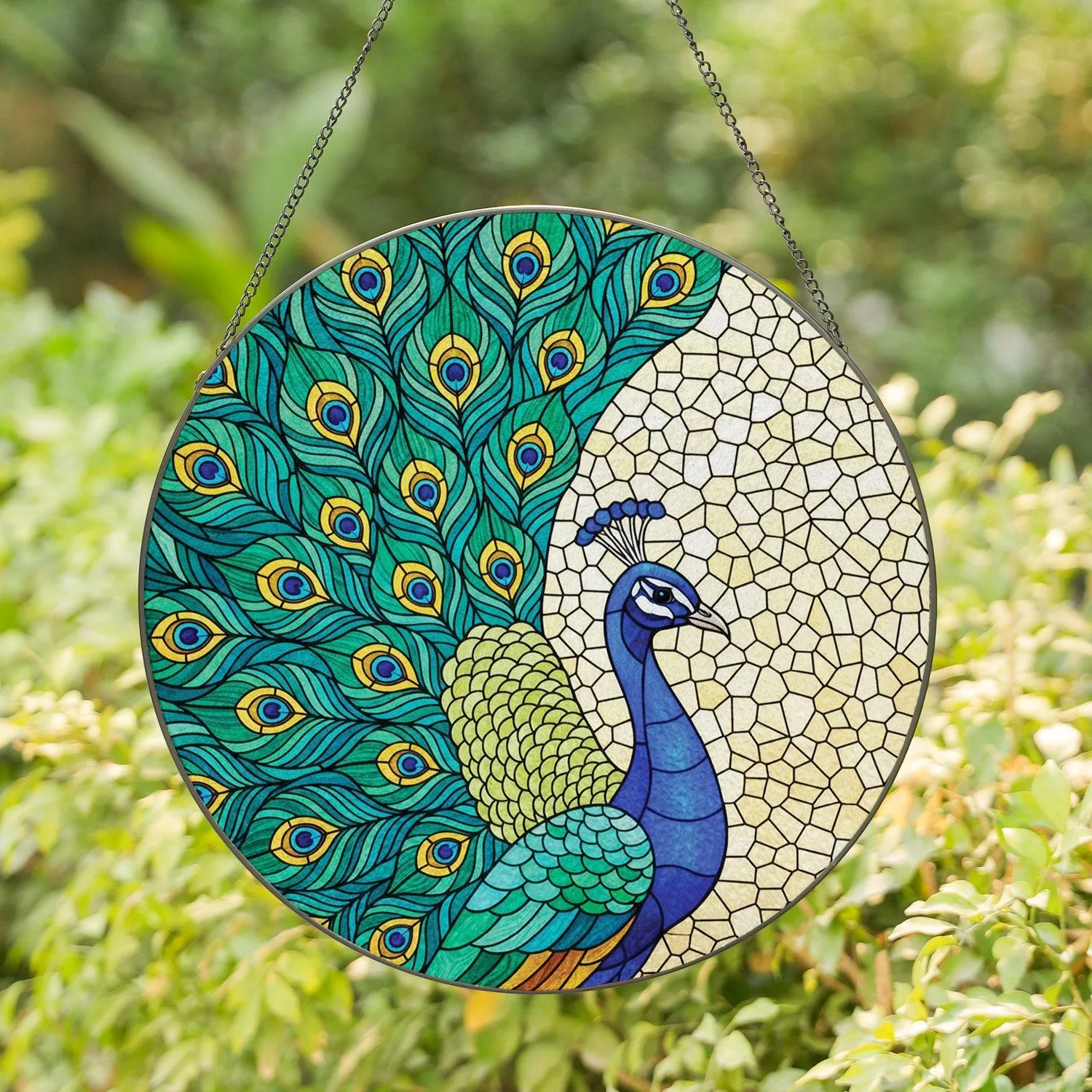 Majestic Tiffany Stained Glass Peacock Fanned Tail Iridescent Eyes - Wildlife Lover Gift Stained Glass Suncatcher - 1