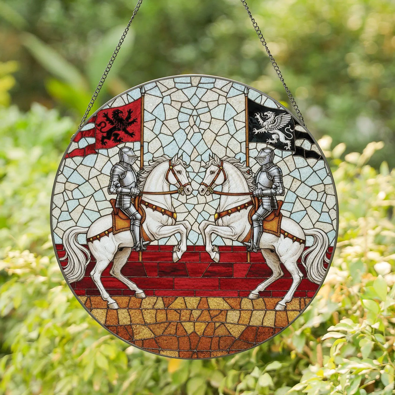 Armored Knights Rearing White Horses - Medieval Fantasy Decor Gift Stained Glass Suncatcher - 1