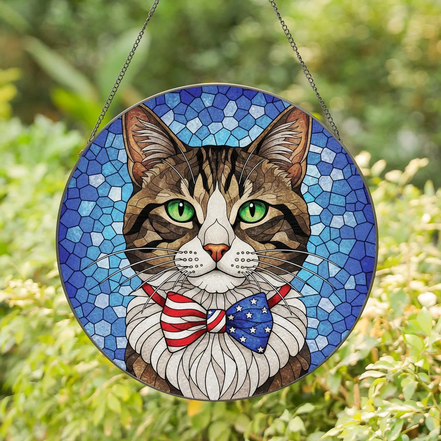 Tabby Cat American Flag Bow Tie - Patriotic Home Decor for Cat Lover Stained Glass Suncatcher - 1