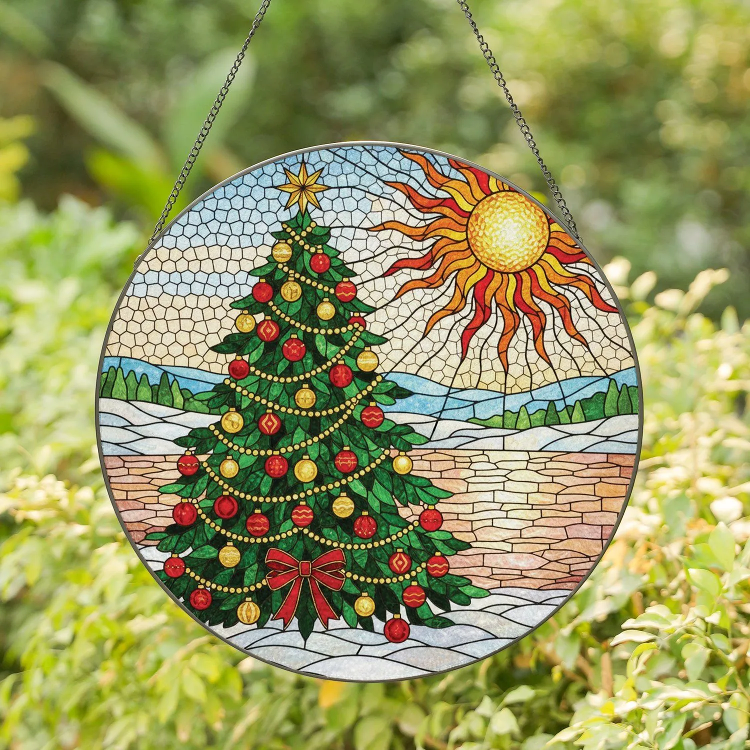 Tiffany Style Stained Glass Christmas Tree Winter Snow Landscape Holiday Ornament Stained Glass Suncatcher - 1