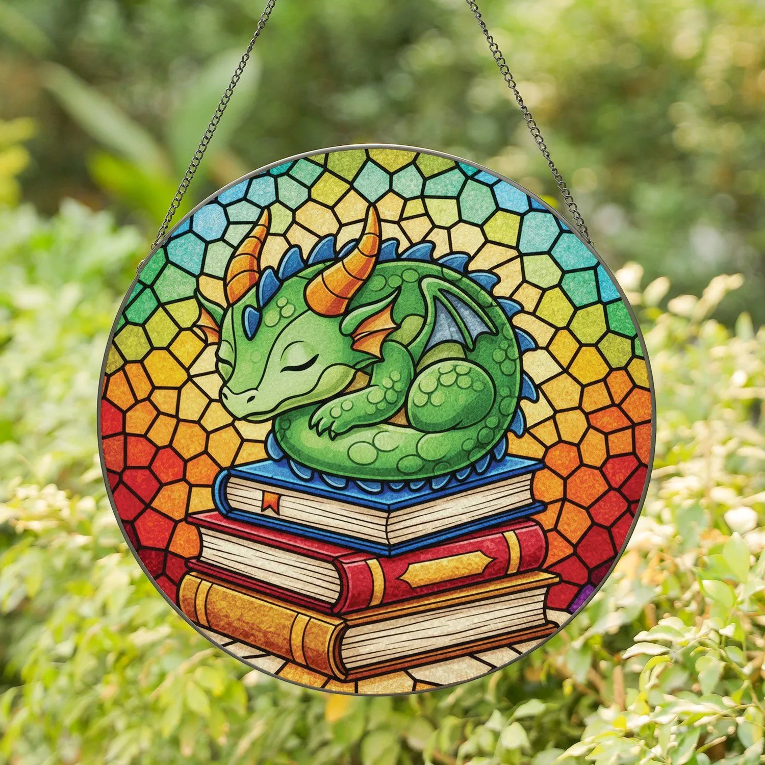 Chibi Green Dragon Sleeping on Books - Tiffany Glass Mosaic Fantasy Gift for Readers Stained Glass Suncatcher - 1