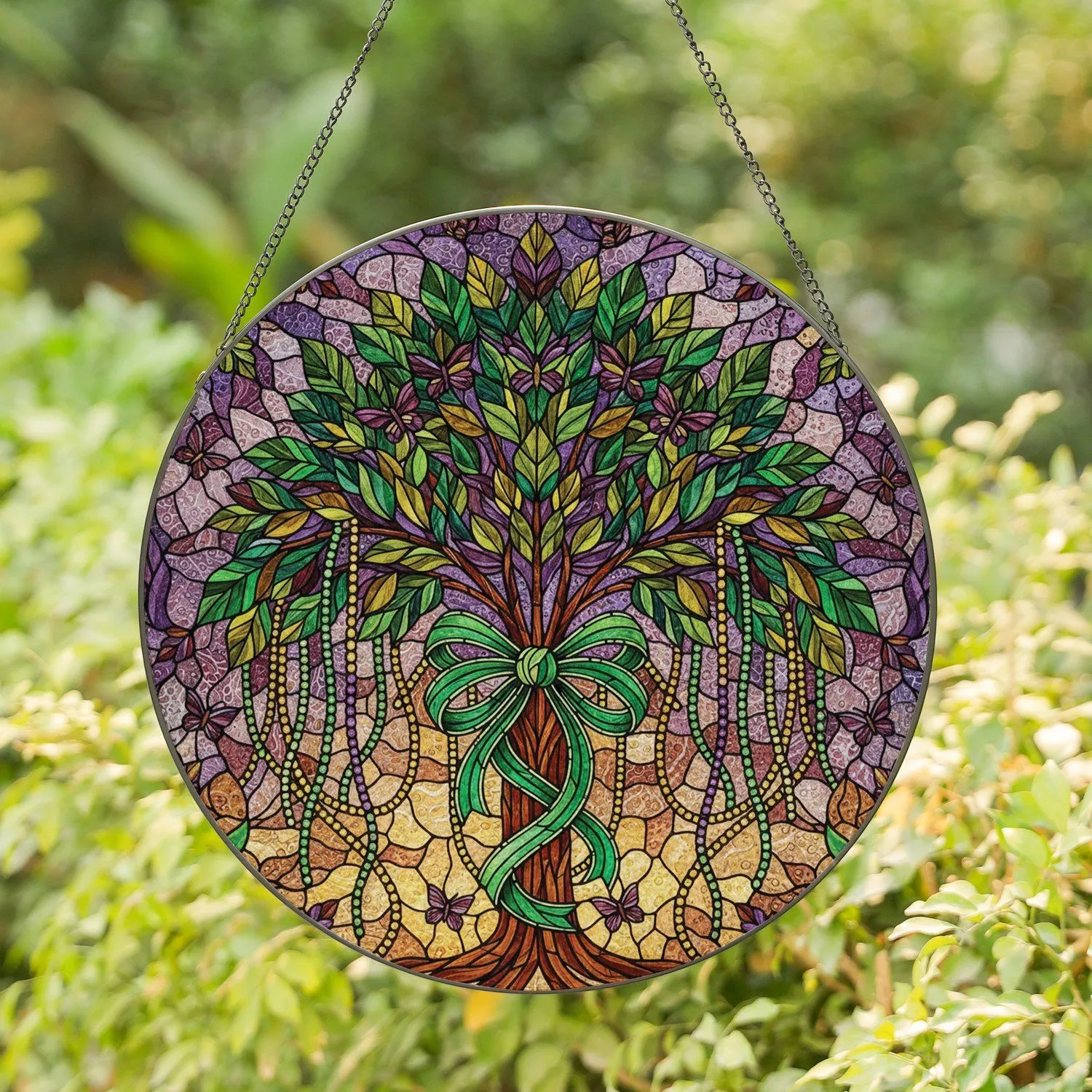 Ornate Mardi Gras Tree Stained Glass Art - Tiffany Inspired Jewel Tone Festival Decor Stained Glass Suncatcher - 1