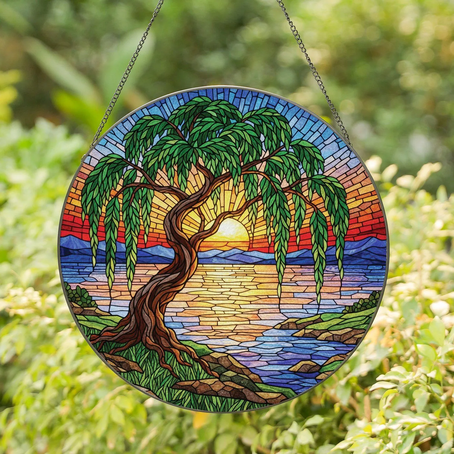 Weeping Willow Tree Stained Glass Tiffany Style Setting Sun Lake Mountain Reflection Stained Glass Suncatcher - 1