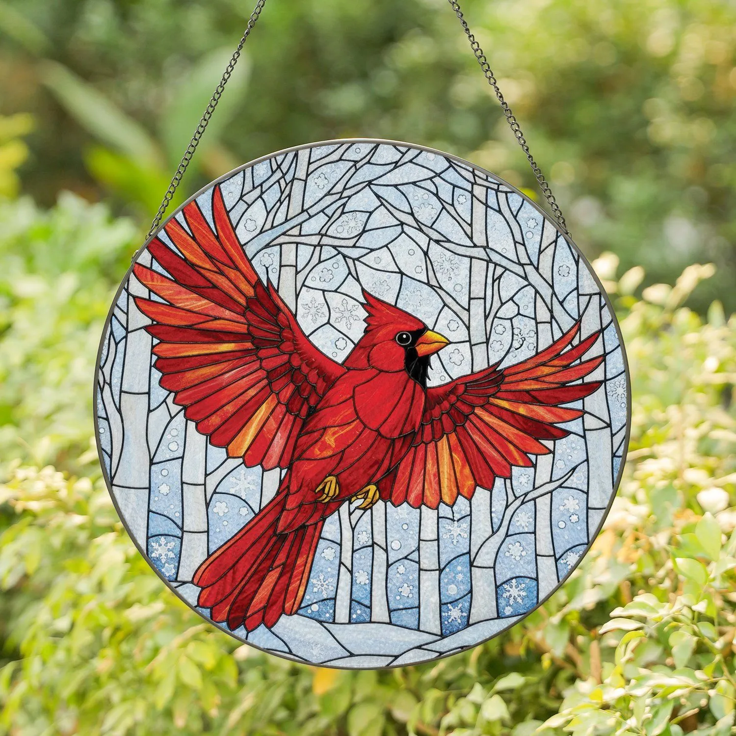 Cardinal Bird Flying Winter Forest Scene Stained Glass Mosaic with Frosted Branches Snowflakes Stained Glass Suncatcher - 1