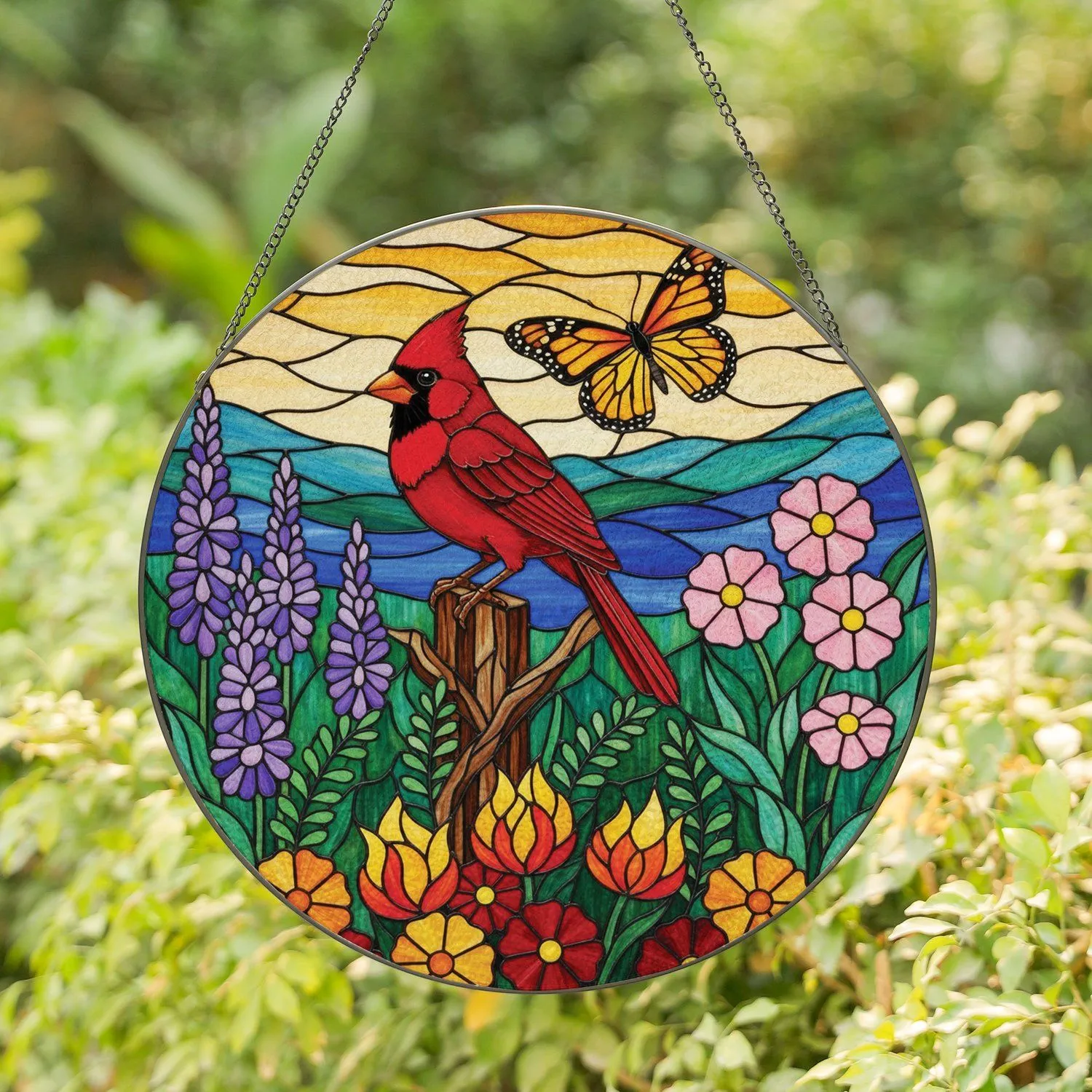 Red Cardinal Bird Monarch Butterfly Stained Glass Flowers Tiffany Style Sunset Hills Stained Glass Suncatcher - 1