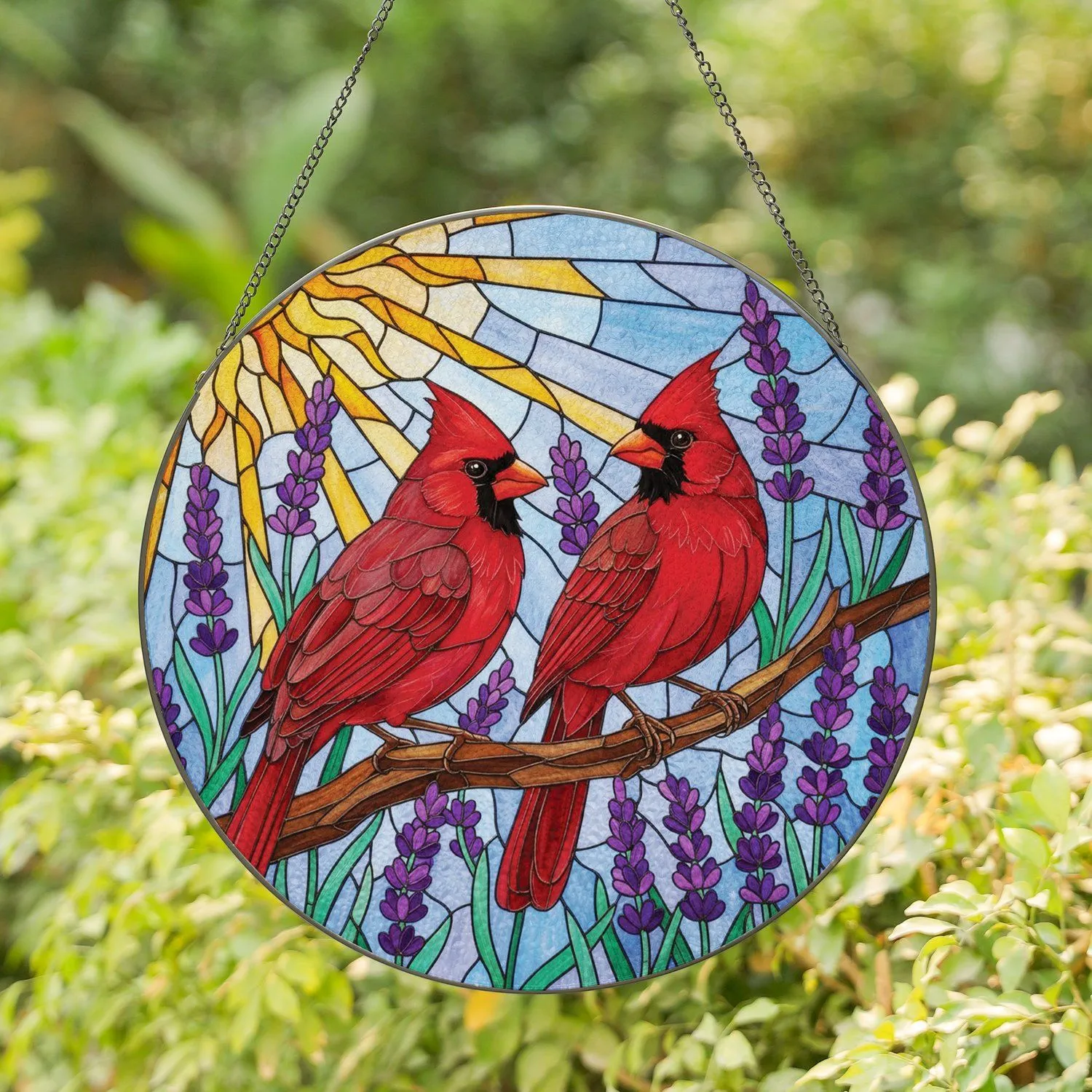 Vibrant Red Cardinals Lavender Flowers Radiant Sun Mosaic Tiffany Glass Translucent Display Stained Glass Suncatcher - 1