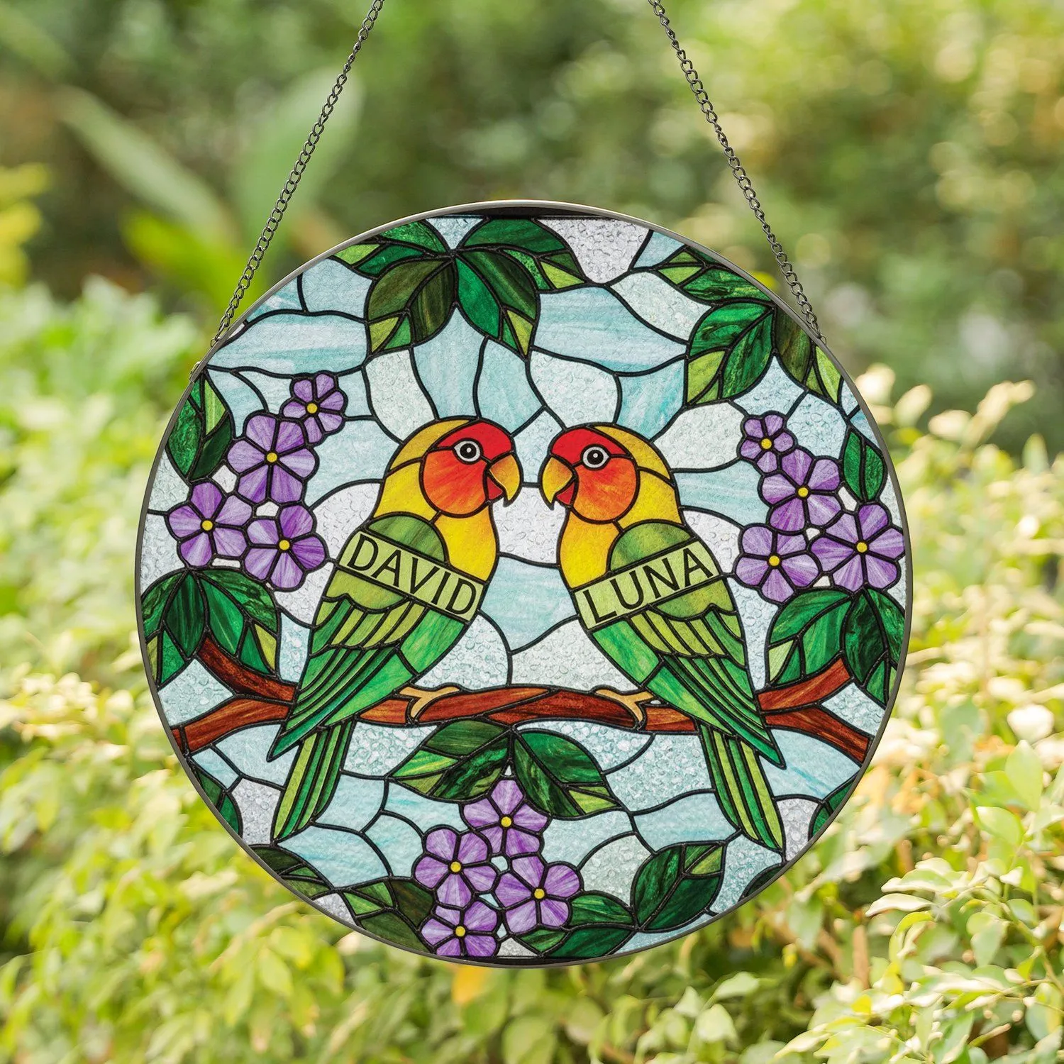 Highly Detailed Tiffany Style Stained Glass Lovebirds Custom Couple Purple Flowers Green Leaves Stained Glass Suncatcher - 1