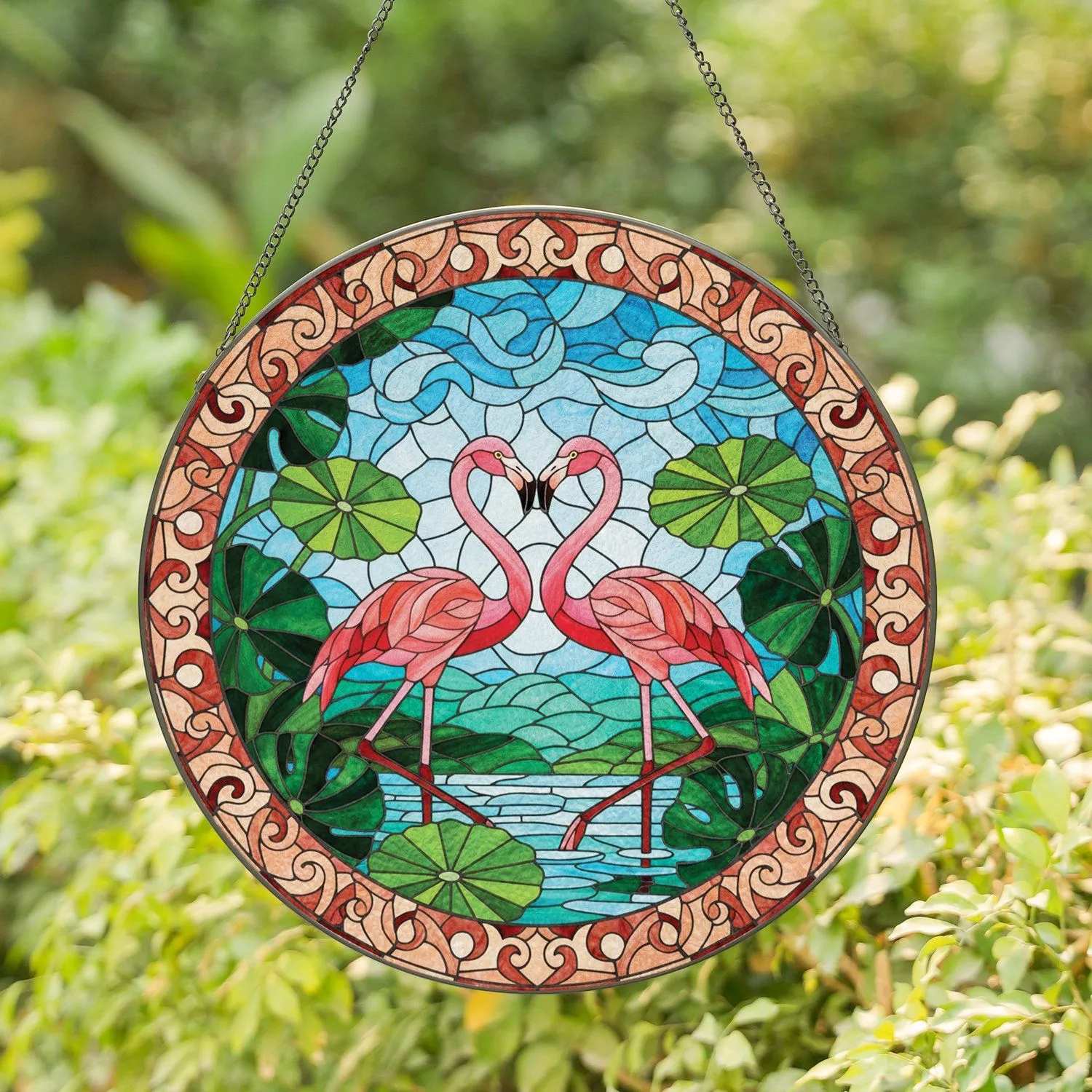 Flamingo Heart Tropical Stained Glass Tiffany Style with Lush Foliage and Mosaic Border Stained Glass Suncatcher - 1