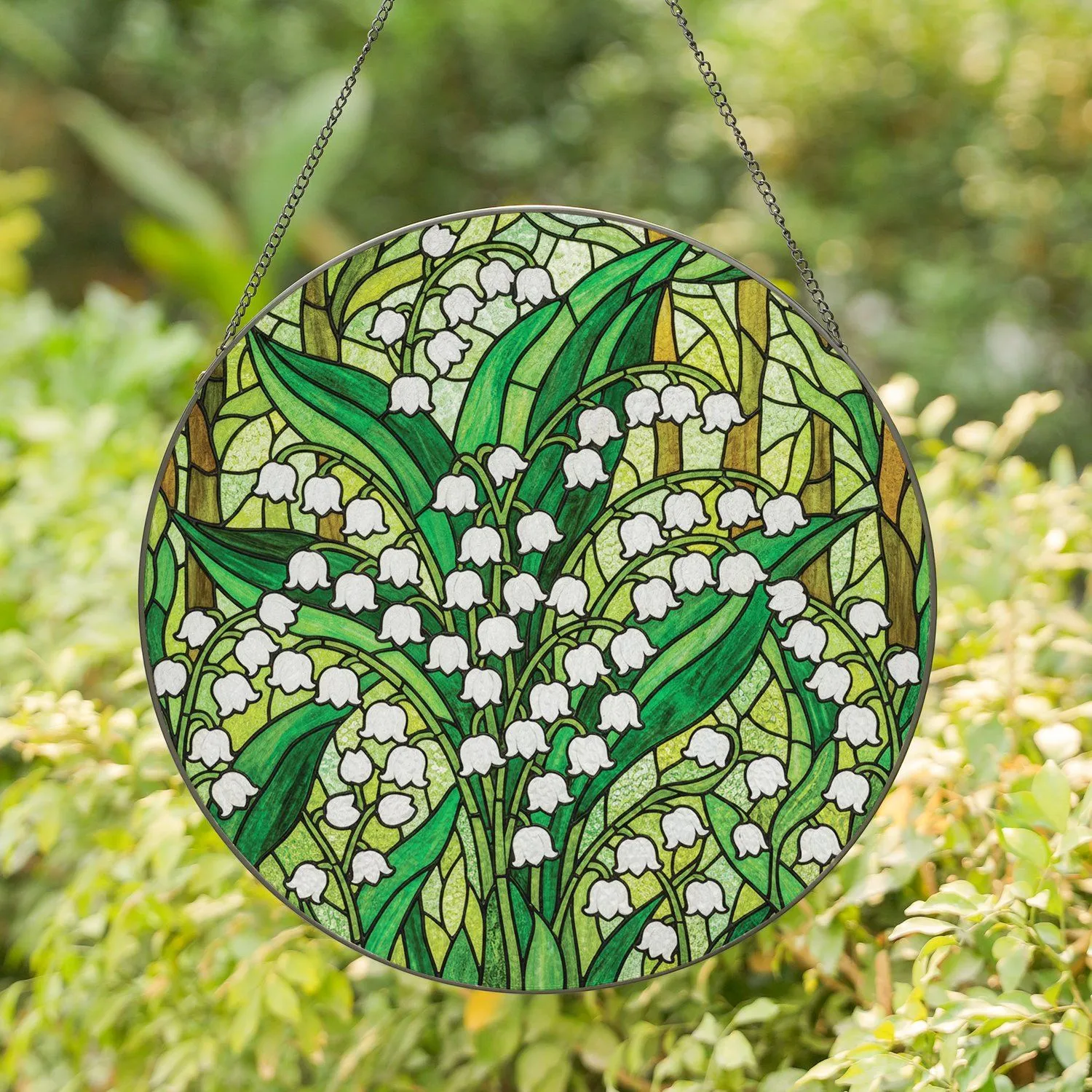 Lily of the Valley Tiffany Stained Glass Floral Art with Emerald Green Mosaic Leaves Stained Glass Suncatcher - 1