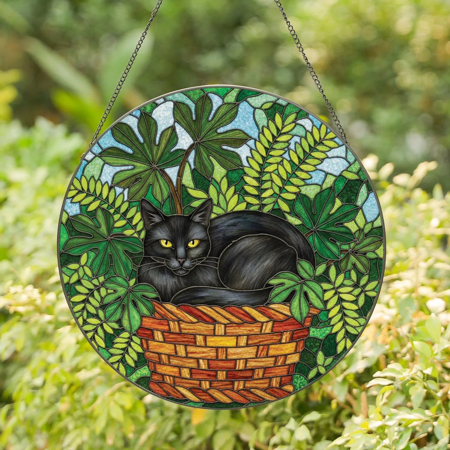 Black Cat Stained Glass Tiffany Mosaic - Woven Basket Detailed Garden Foliage Art Stained Glass Suncatcher - 1