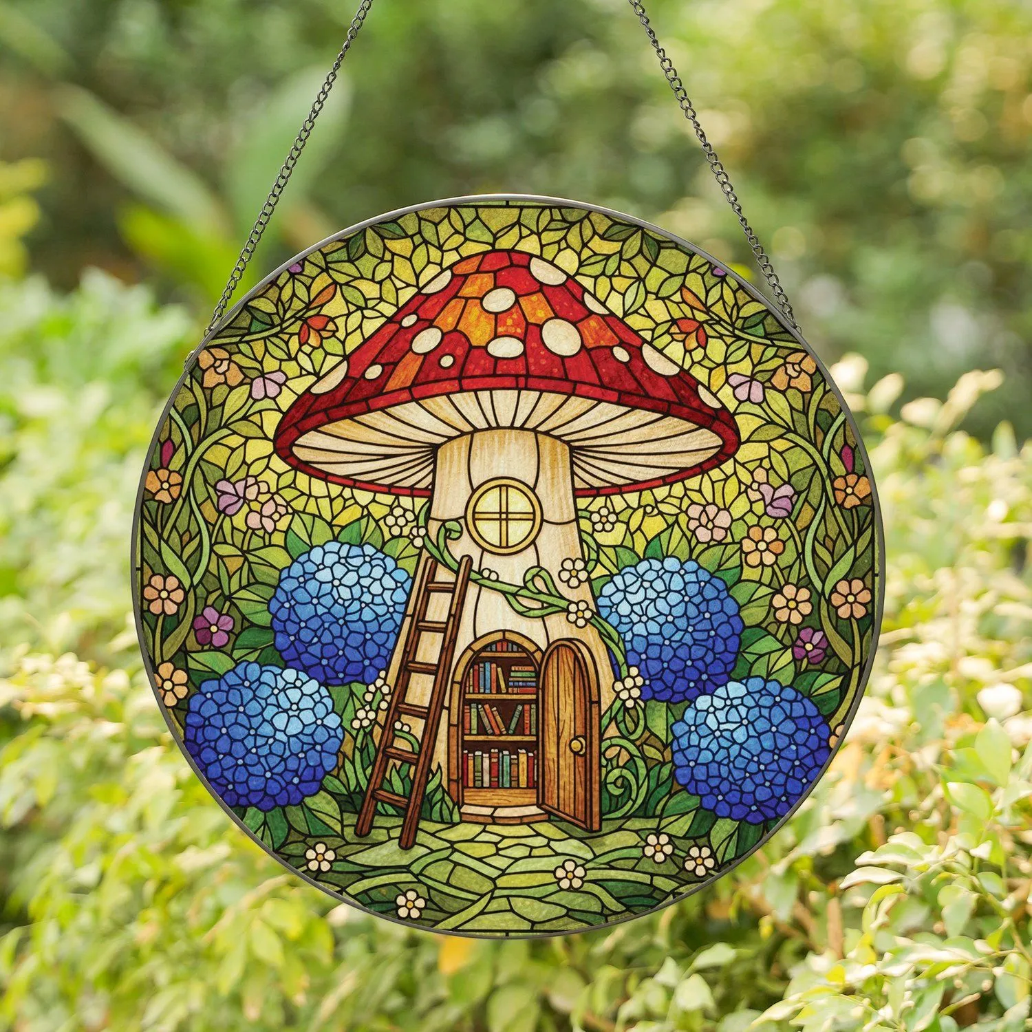 Whimsical Mushroom House Stained Glass Forest Suncatcher with Glowing Window & Blue Hydrangeas Stained Glass Suncatcher - 1