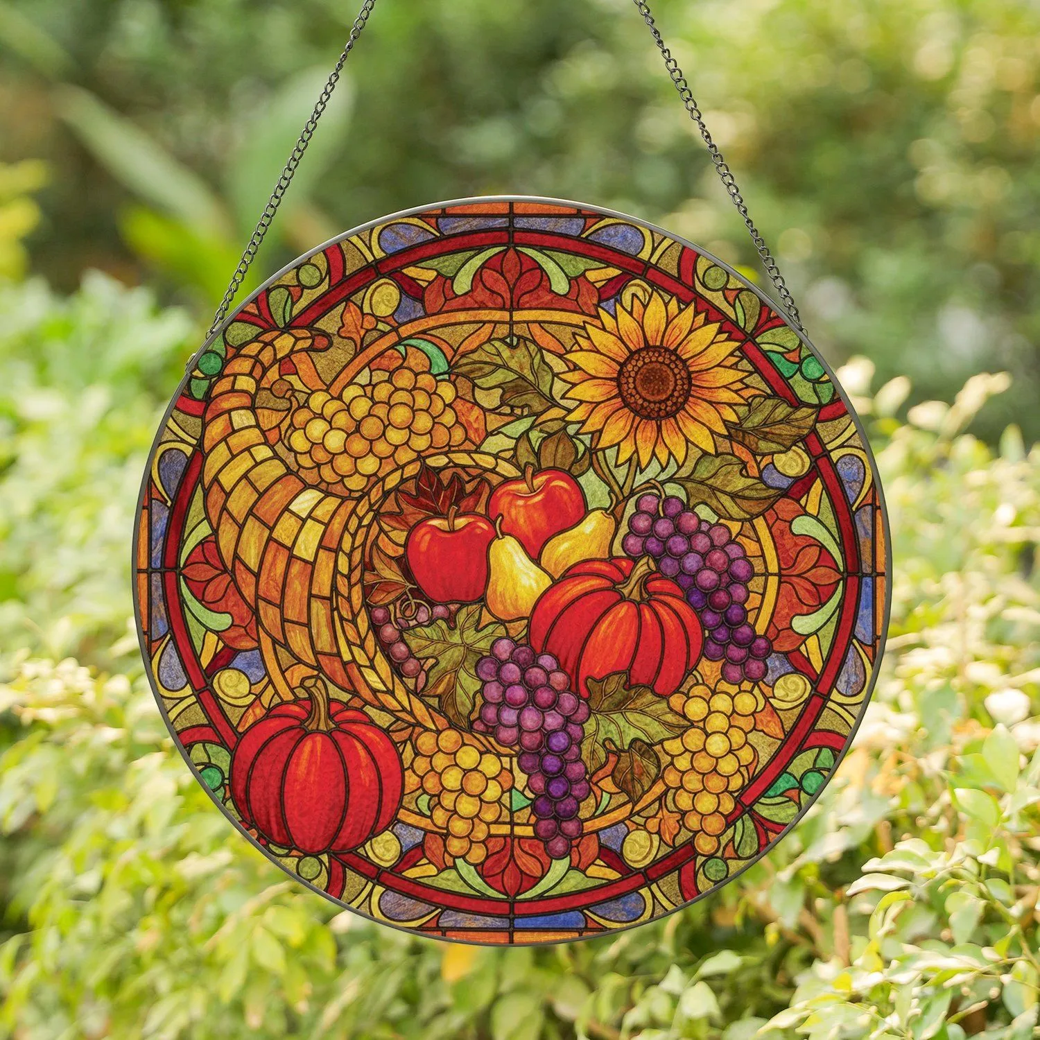 Cornucopia Harvest Fruit Sunflower Pumpkins Stained Glass Autumn Fall Thanksgiving Decor Stained Glass Suncatcher - 1