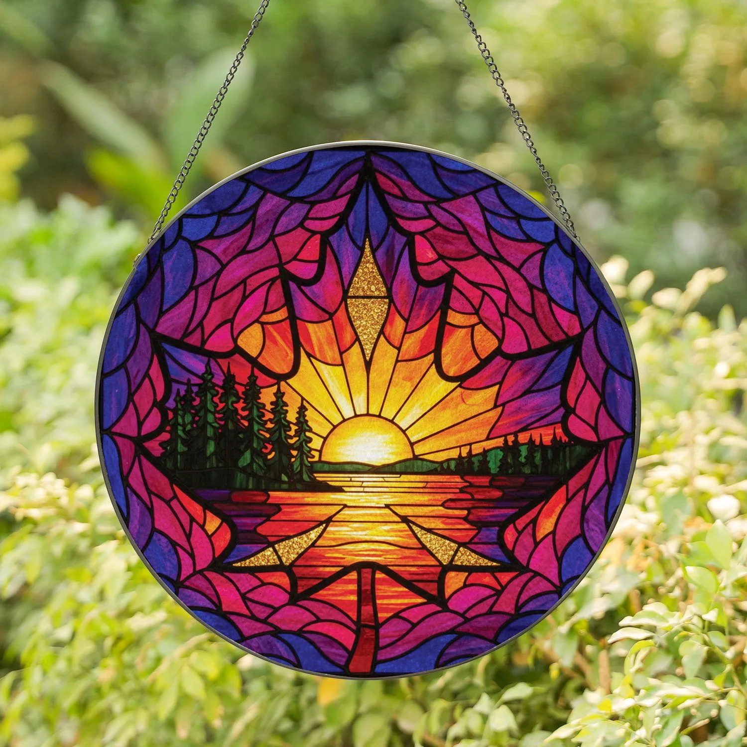 Maple Leaf Stained Glass Sunset Mosaic Pine Trees Water Reflection - Nature Art Gift Stained Glass Suncatcher - 1