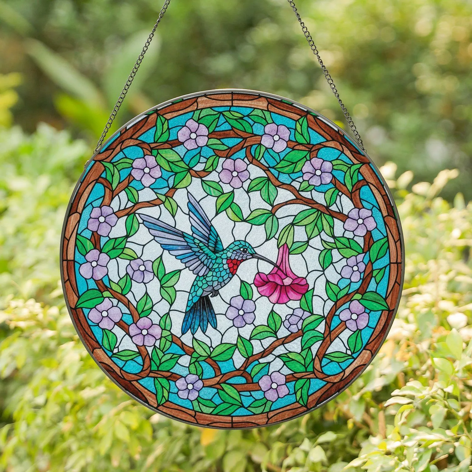 Intricate Hummingbird Stained Glass Flower Branch Art - Tiffany Style Home Decor Gift Stained Glass Suncatcher - 1